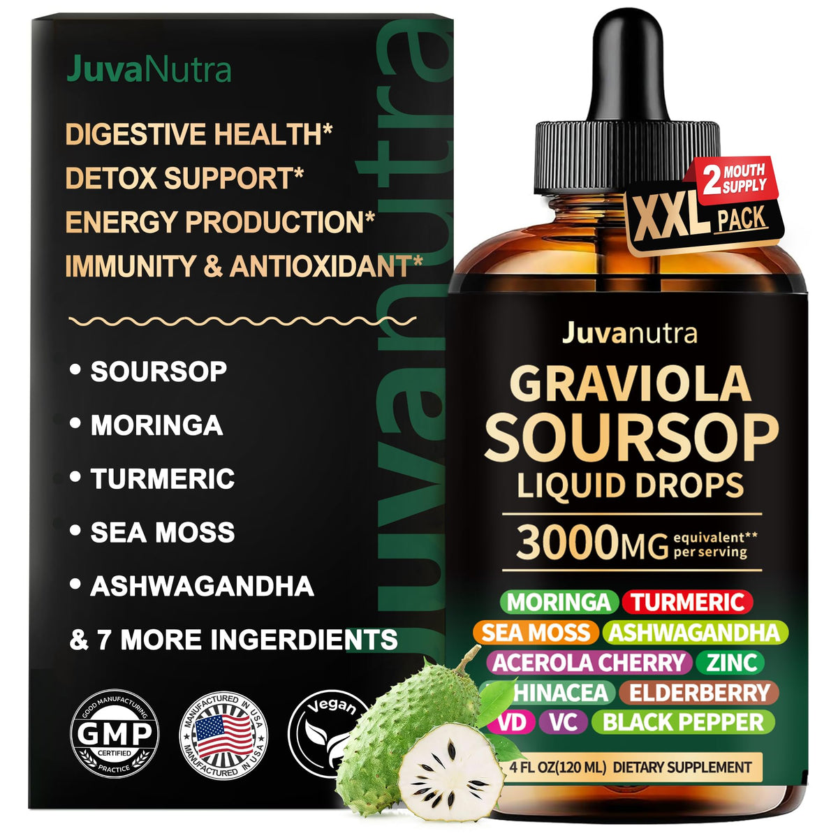 12-in-1 Soursop Bitters Liquid Drops with Sea Moss, Moringa, Turmeric, Echinacea & Ashwagandha | Herbal Tonic | Digestive Wellness & Immune Support | 4 Fl Oz