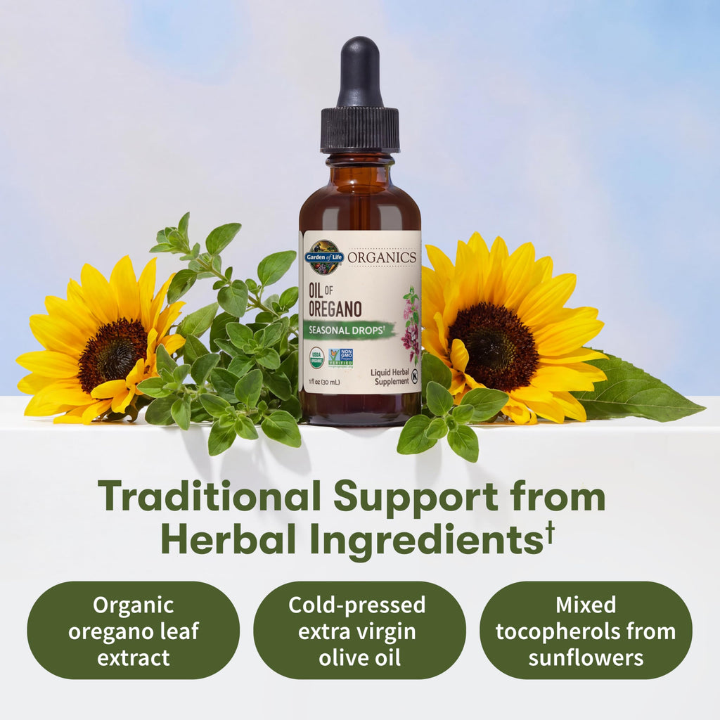 Garden of Life Organics Oil of Oregano Seasonal Drops 1fl oz (30 mL) Liquid, Concentrated Plant Based Immune Support - Alcohol-Free, Organic, Non-GMO, Vegan & Gluten Free Herbal Supplements
