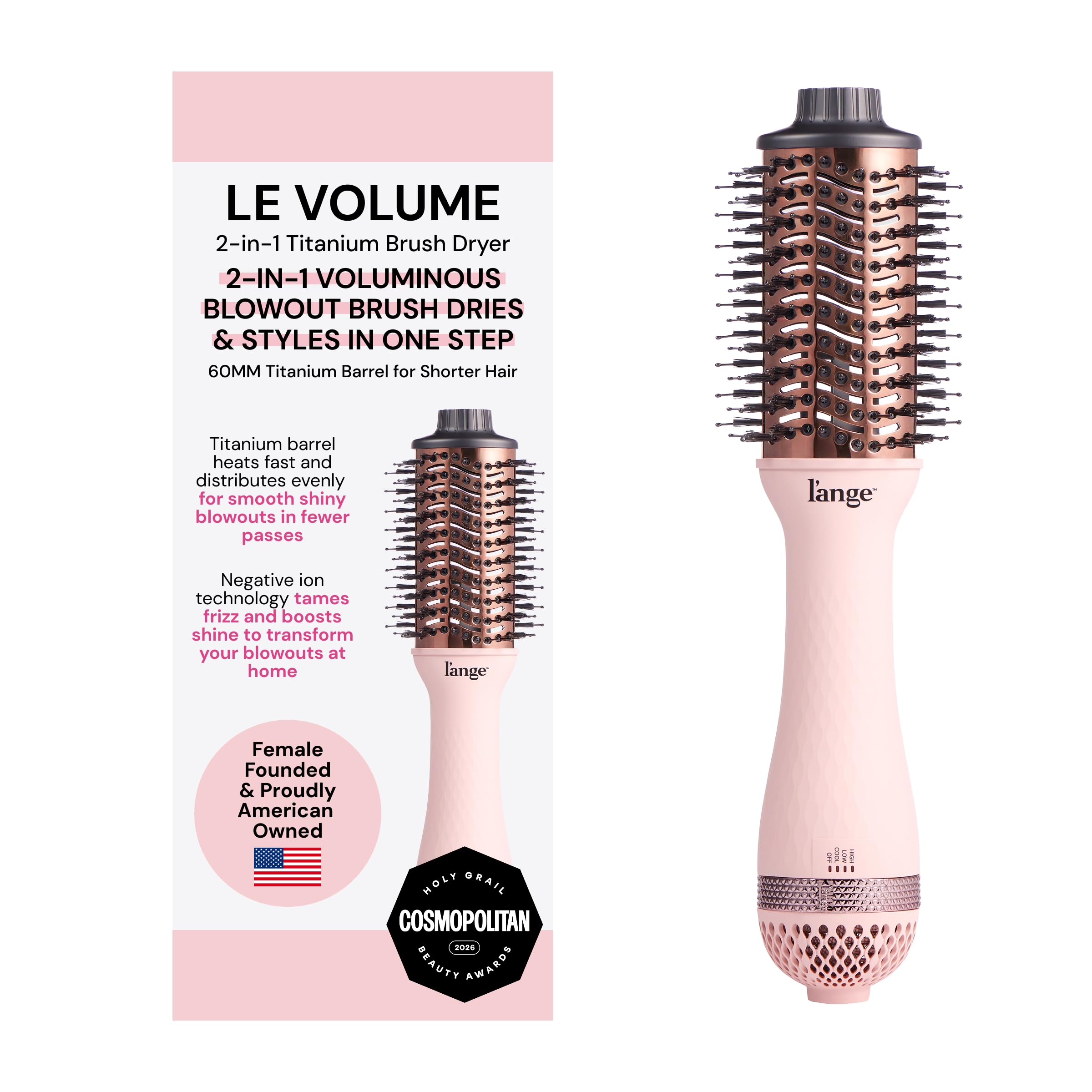 L'ANGE HAIR Le Volume 2-in-1 Titanium Blow Dryer Brush | Frizz Control Blowout Hair Dryer Brush for Drying and Styling | Volumizing Hot Air Styler for All Hairstyles | Oval Barrel | Blush - 75mm