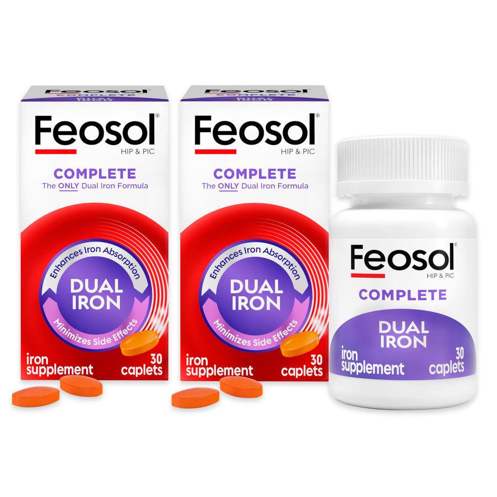 Feosol Complete Iron Supplement Caplets, Bifera Iron for High Absorption, Heme and Non-Heme Dual Action Minimizes Side Effects, 1 Per Day, for Energy and Immune System Support, Made in USA, 30 Count
