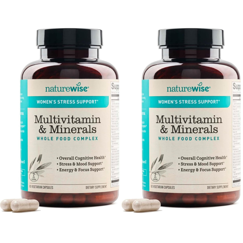 NatureWise Multivitamin for Women + Stress Support with Organic Whole Foods & Natural Minerals - B-Complex + Vitamin C + D3 K2 for Immunity, Hair, Skin & Nails - Non-GMO - 60 Capsules[30-Day Supply]