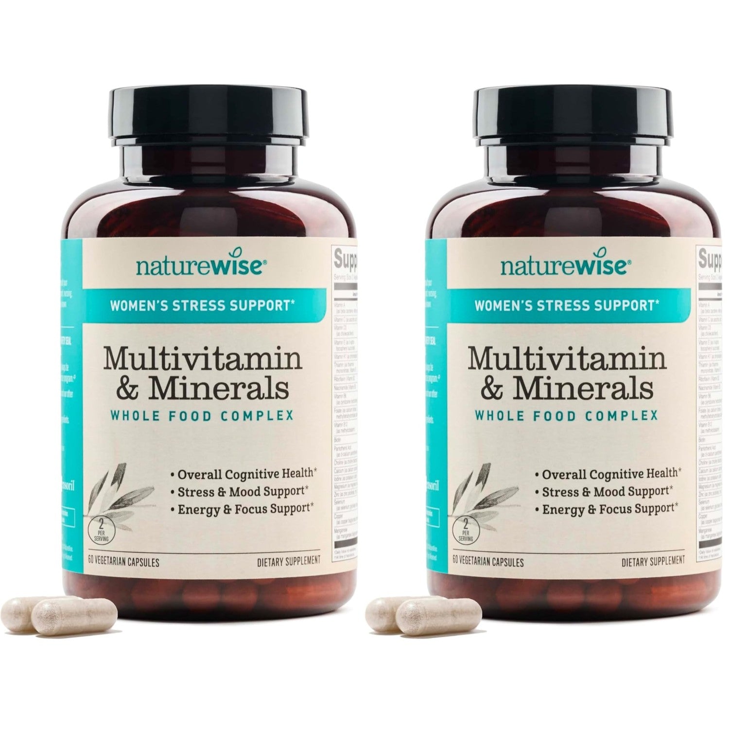 NatureWise Multivitamin for Women + Stress Support with Organic Whole Foods & Natural Minerals - B-Complex + Vitamin C + D3 K2 for Immunity, Hair, Skin & Nails - Non-GMO - 60 Capsules[30-Day Supply]