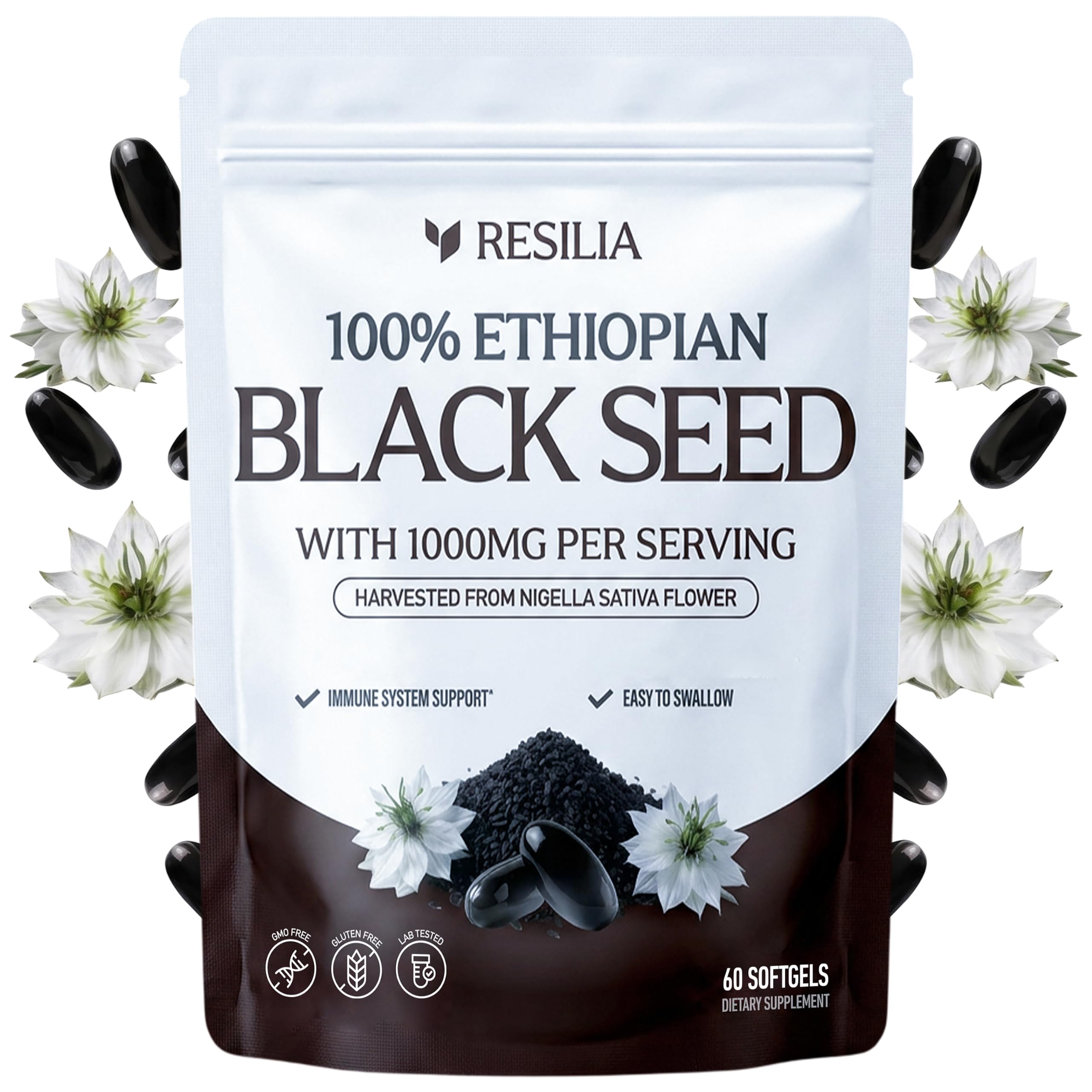 Resilia Ethiopian Black Seed Softgels 1000mg Per Serving | Premium Nigella Sativa Seed Oil Supplement – Digestive & Immune Support Formula – Easy to Swallow Soft Capsules (60 Count)