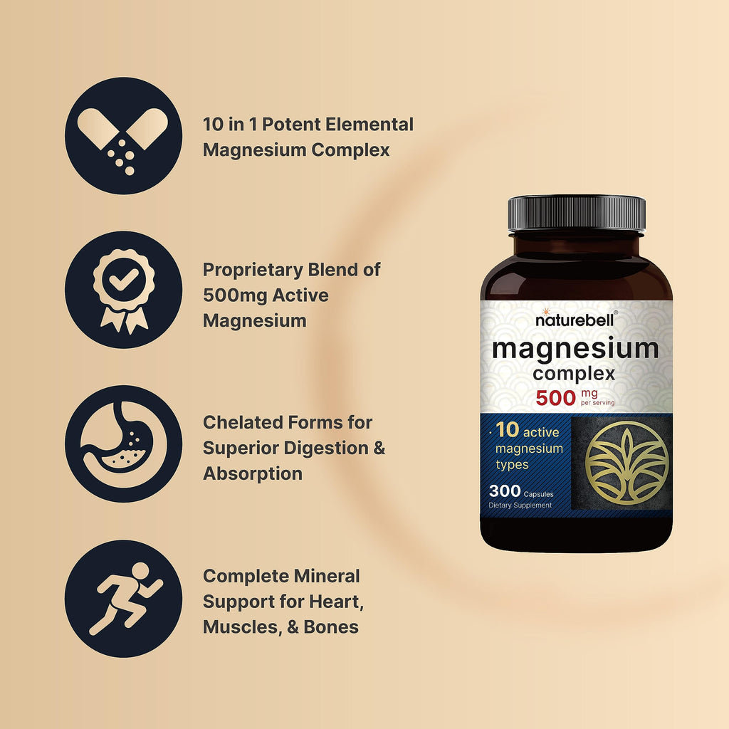 NatureBell Magnesium Complex 10-in-1, 500 mg Per Serving, 300 Capsules | 10 Active Forms: Glycinate, Citrate, Malate, Taurate & More. Chelated Magnesium Supplement for Women & Men. Non-GMO.