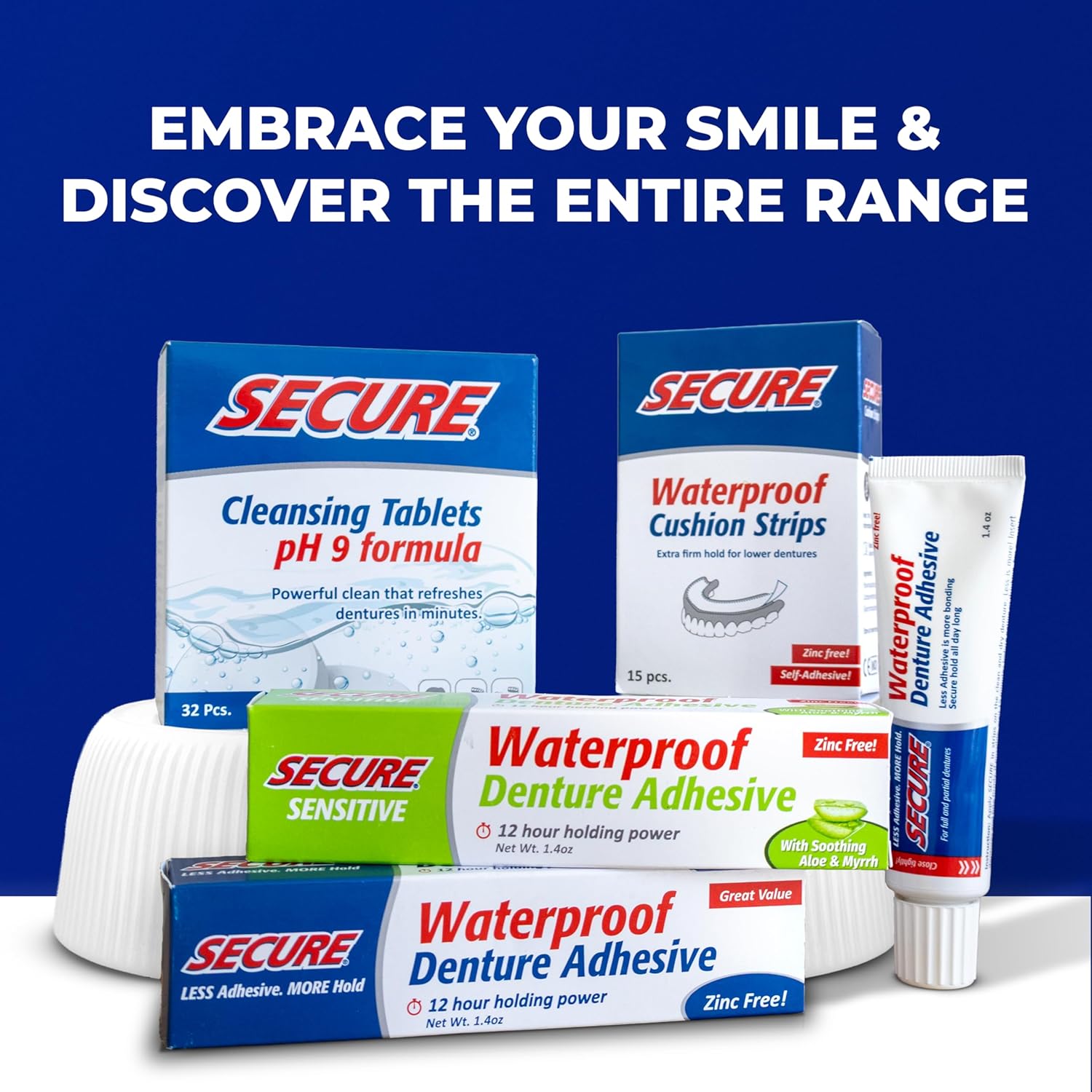 Buy now Secure Waterproof Denture Adhesive - Zinc Free - Extra Strong Hold For Upper, Lower or Partials - 1.4 oz at indiglob india