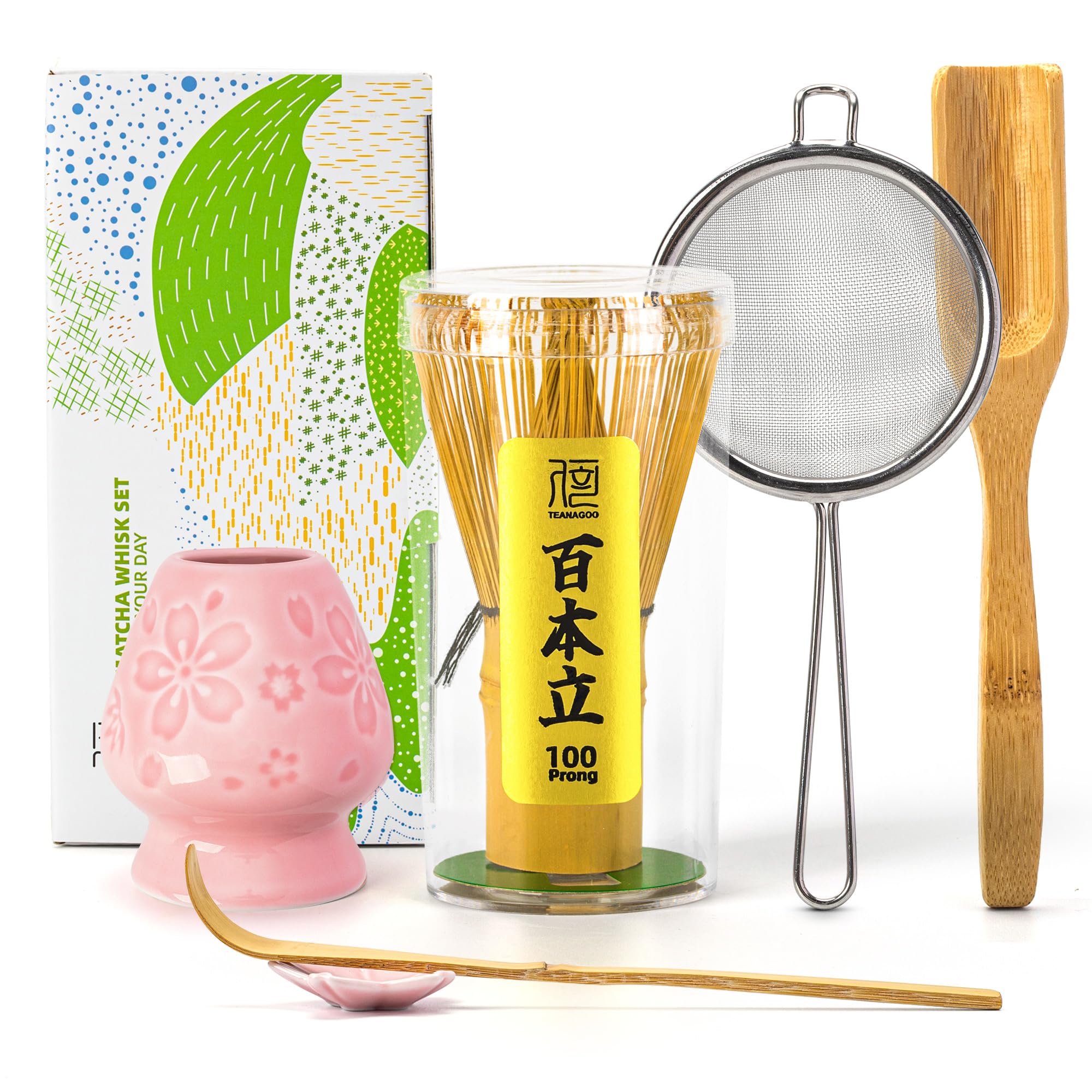 Buy now TEANAGOO MA-01 Japanese Matcha Ceremony Accessory, Matcha Whisk (Chasen), Traditional Scoop (Chashaku), Tea Spoon, Whisk Holder, The Perfect Set to Prepare a Traditional Cup of Matcha.… 6-PCS Pink Sakura Set at indiglob india