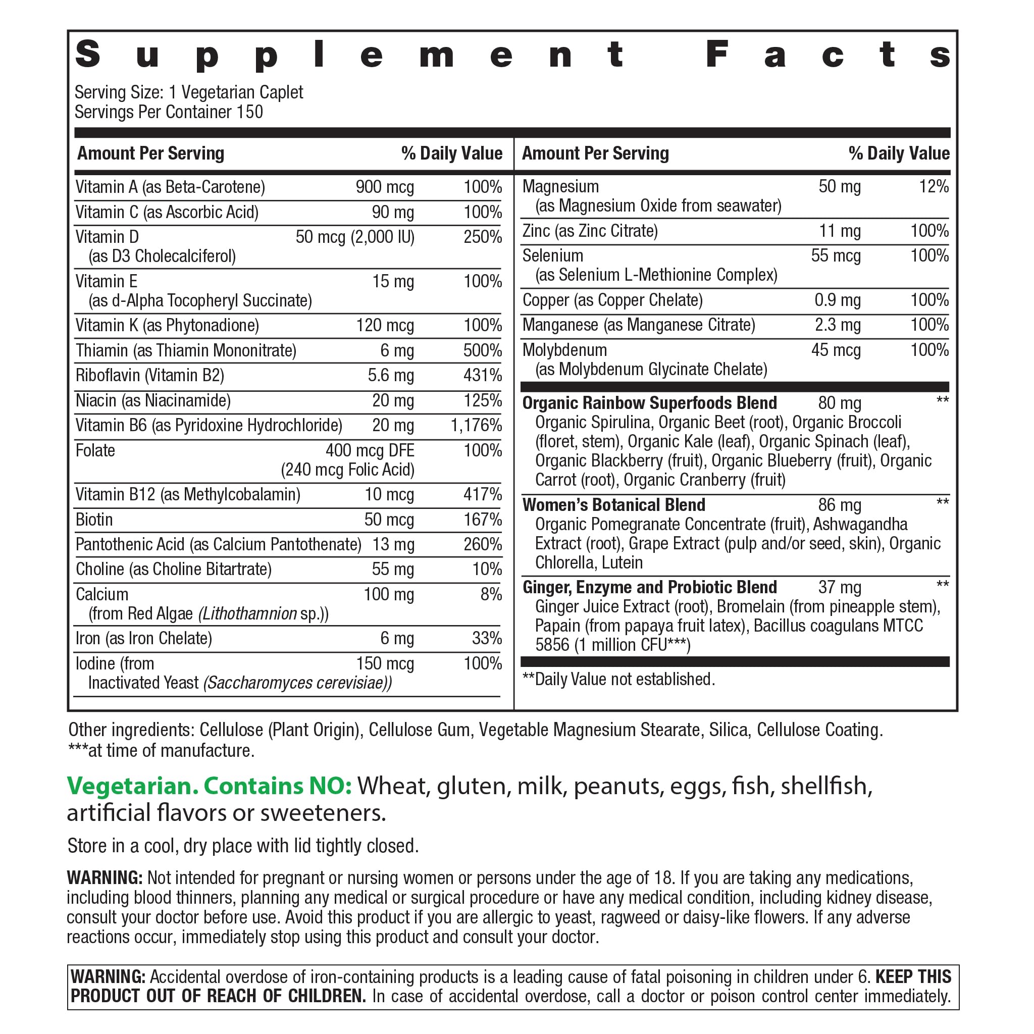 Rainbow Light Womens Multivitamin One + | 150 Caplets | Supports Cellular Energy & Antioxidant Health | Real Food Nutrients, Digestive Enzymes & Probiotics | with Vitamins C, D, and Zinc