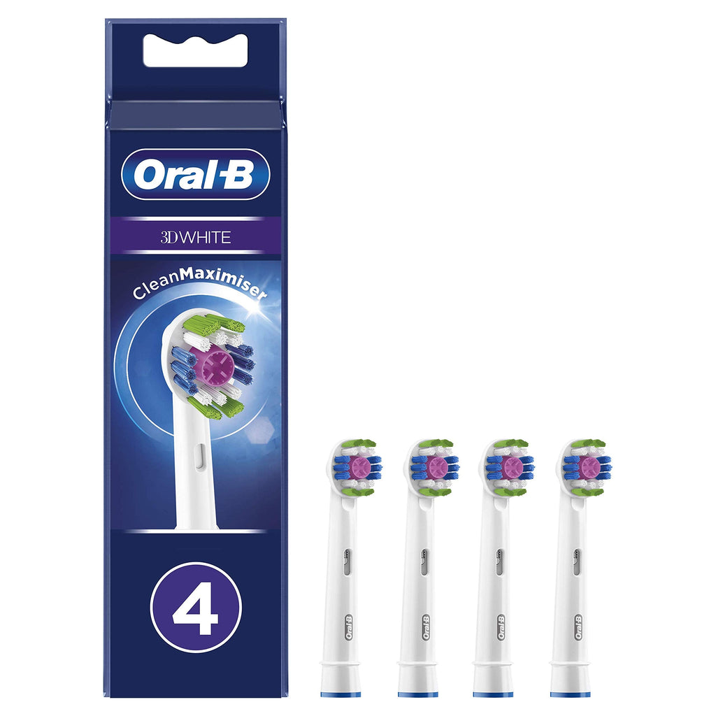 Buy now Oral-B 3D White Electric Toothbrush Head with CleanMaximiser Technology, Angled Bristles for Deeper Plaque Removal, Pack of 4, White at indiglob india