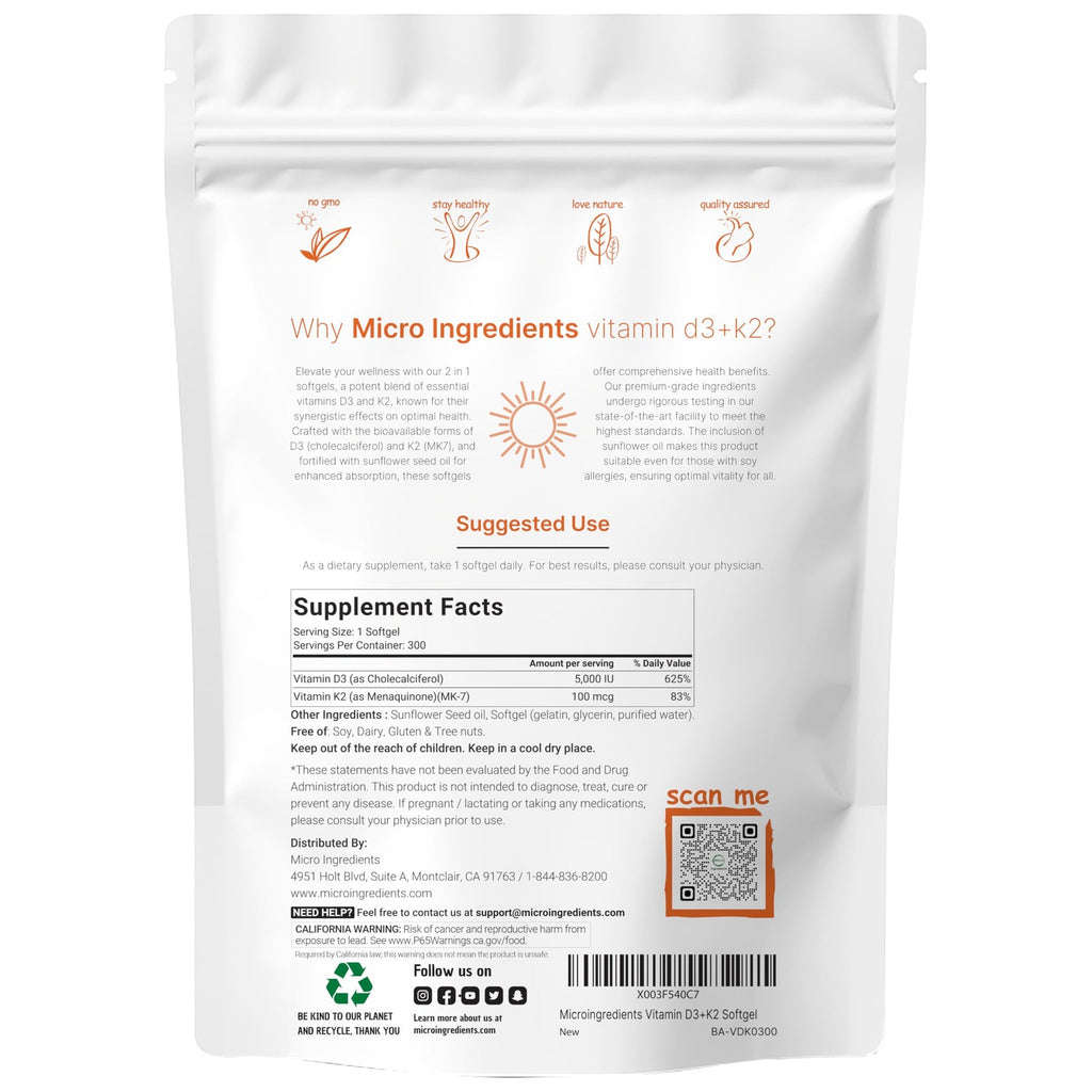 Micro Ingredients Vitamin D3 + K2 MK-7 5,000 IU Per Serving, 300 Softgels | K2 100 mcg Per Serving, D3 & K2 Vitamin Supplement for Women & Men. Easy-to-Swallow, Non-GMO, Gluten Free.