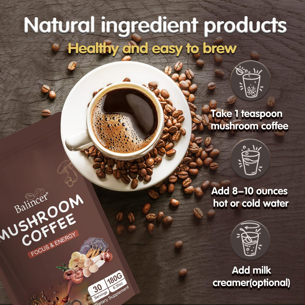 Mushroom Coffee, 6 Adaptogenic Mushrooms (Lion's Mane, Cordyceps, Turkey Tail & Other) Mixed with Premium Instant Coffee for Focus, Energy, Immune and Gut Health Support, 30 Servings