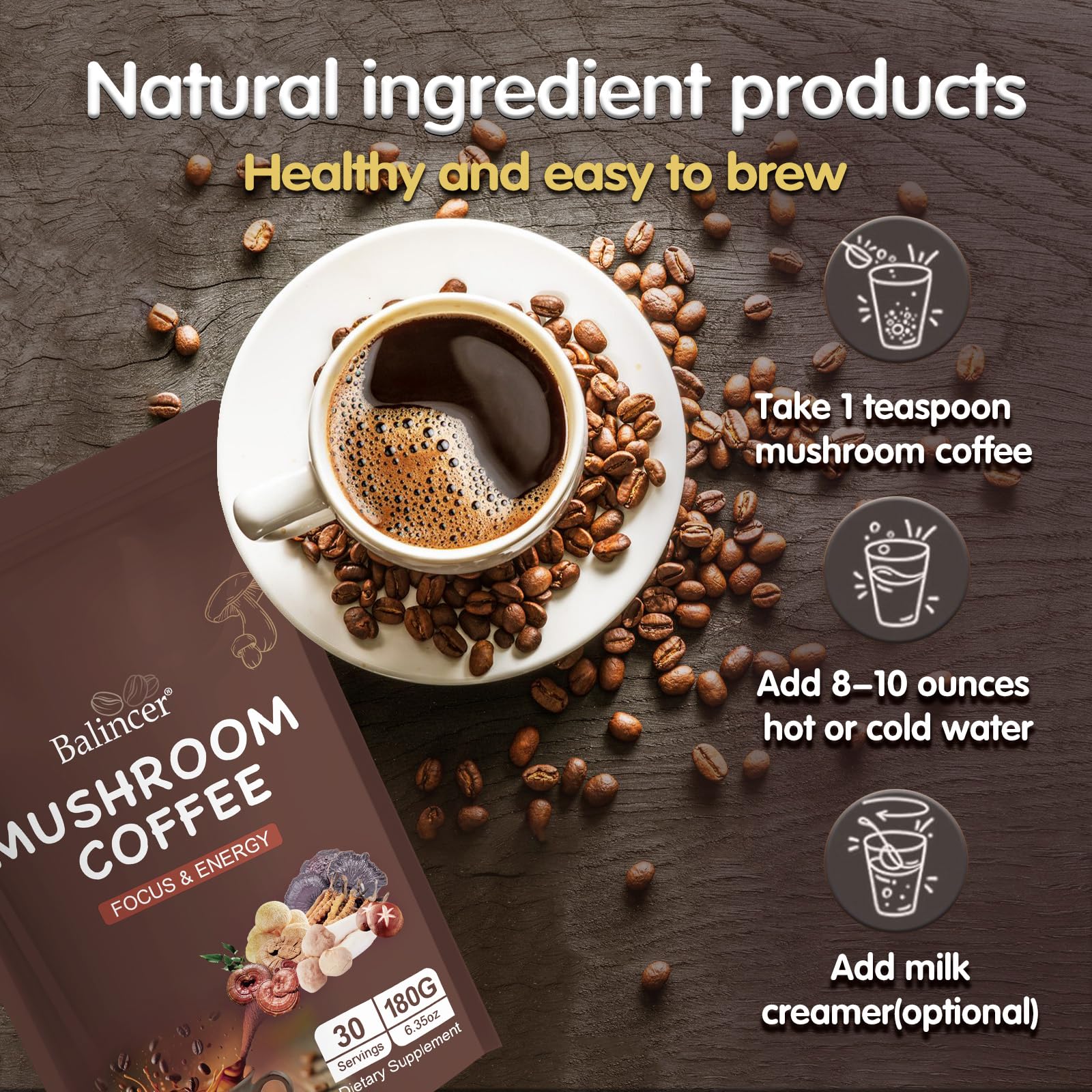 Mushroom Coffee, 6 Adaptogenic Mushrooms (Lion's Mane, Cordyceps, Turkey Tail & Other) Mixed with Premium Instant Coffee for Focus, Energy, Immune and Gut Health Support, 30 Servings