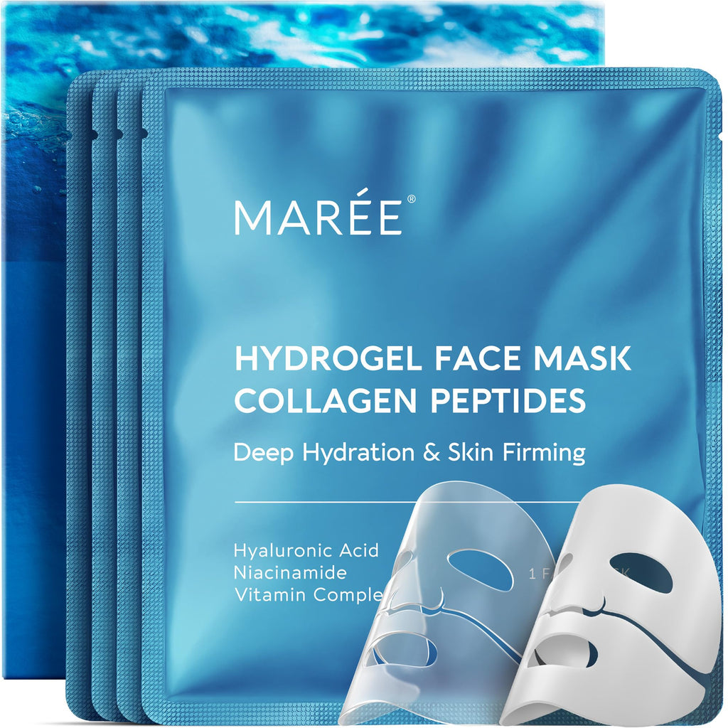 MAREE Collagen Facial Mask with Hyaluronic Acid — Sheet Face Mask Skincare — Centella Asiatica, Green & Red Algae Extract — Hydrating Facemask For Women Skin Care — Mascarillas Para La Cara — 6 Count