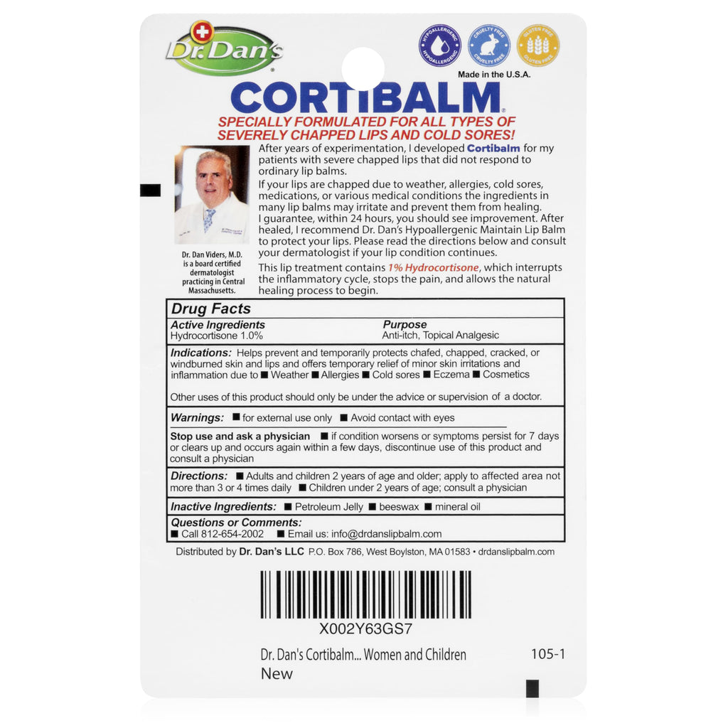 Dr. Dan's Cortibalm 1-Pack Lip Balm with 1% Hydrocortisone for Cracked Lips | Healing Lip Balm with Beeswax & Vitamin E, Lip Repair for Severely Chapped Lips, Dry Lips Repair, Moisturizing Hydrating