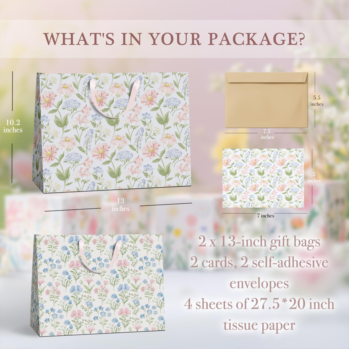 slapaflife Gift Bags Set of 2,Large 13" Gift Bag with Tissue Paper,Floral Gift bag Includes Matching Tissue Paper,Card and Envelope,Perfect For Presents of Any Special Occasion