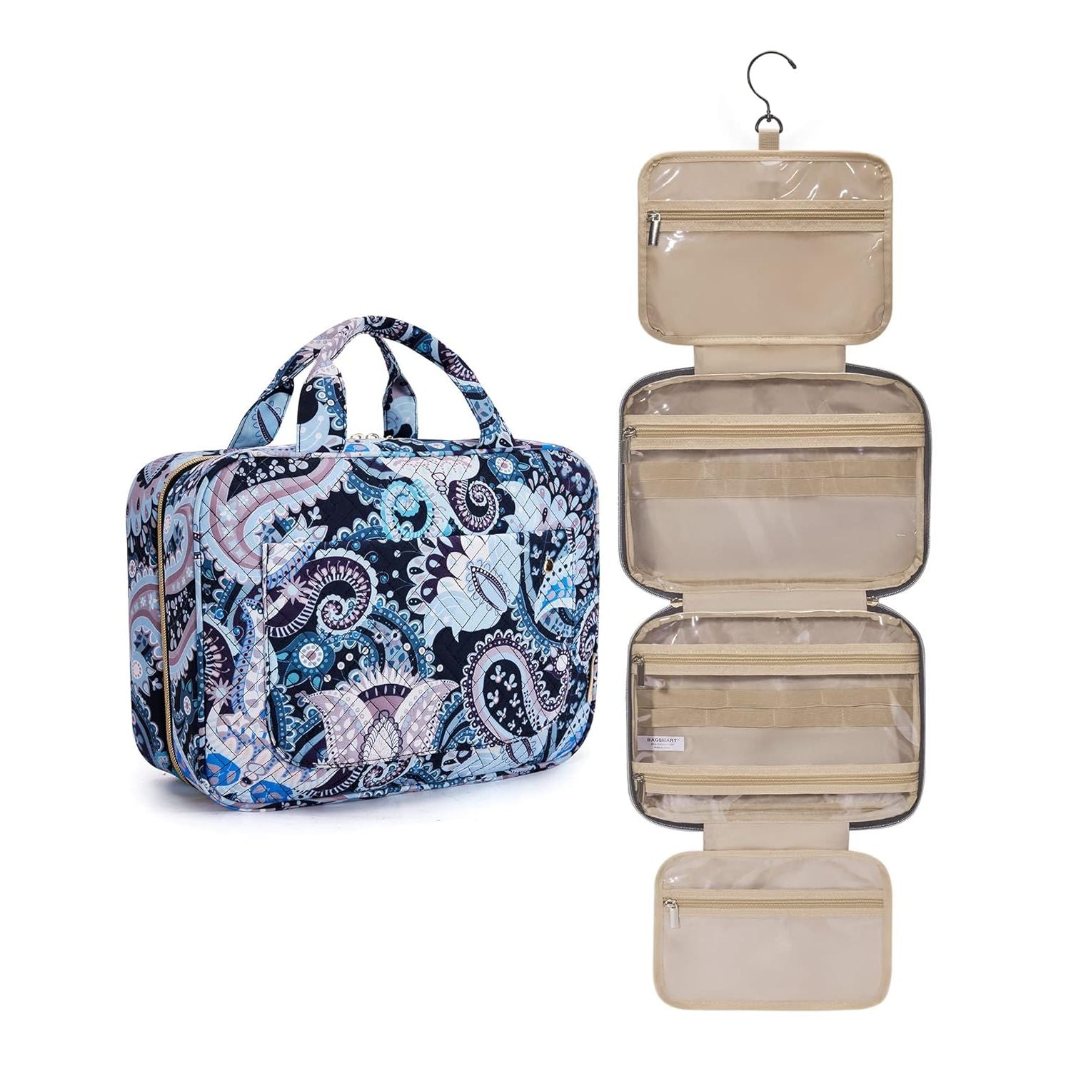 Buy now BAGSMART Toiletry Bag Travel Bag with Hanging Hook, Water-resistant Makeup Cosmetic Bag Travel Organizer for Accessories, Shampoo, Full-size Container, Toiletries (Baby Pink, Medium) Large Blue Paisley at indiglob india