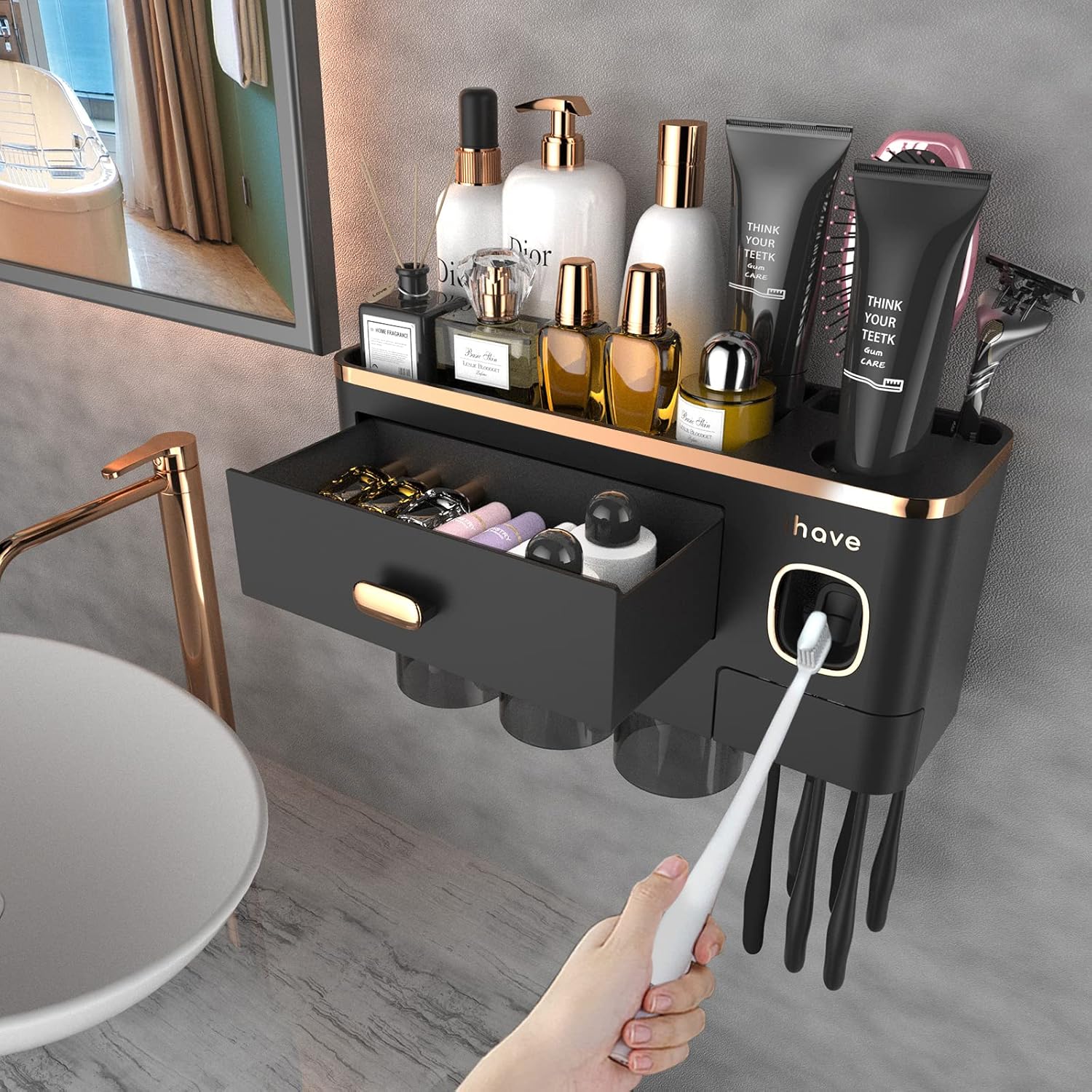 Buy now iHave Toothbrush Holders for Bathrooms, 4 Cups Toothbrush Holder Wall Mounted with Toothpaste Dispenser - Large Capacity Tray, 2 Cosmetic Drawer - Bathroom Organizer & Bathroom Accessories Set 3 cup Black Gold at indiglob india