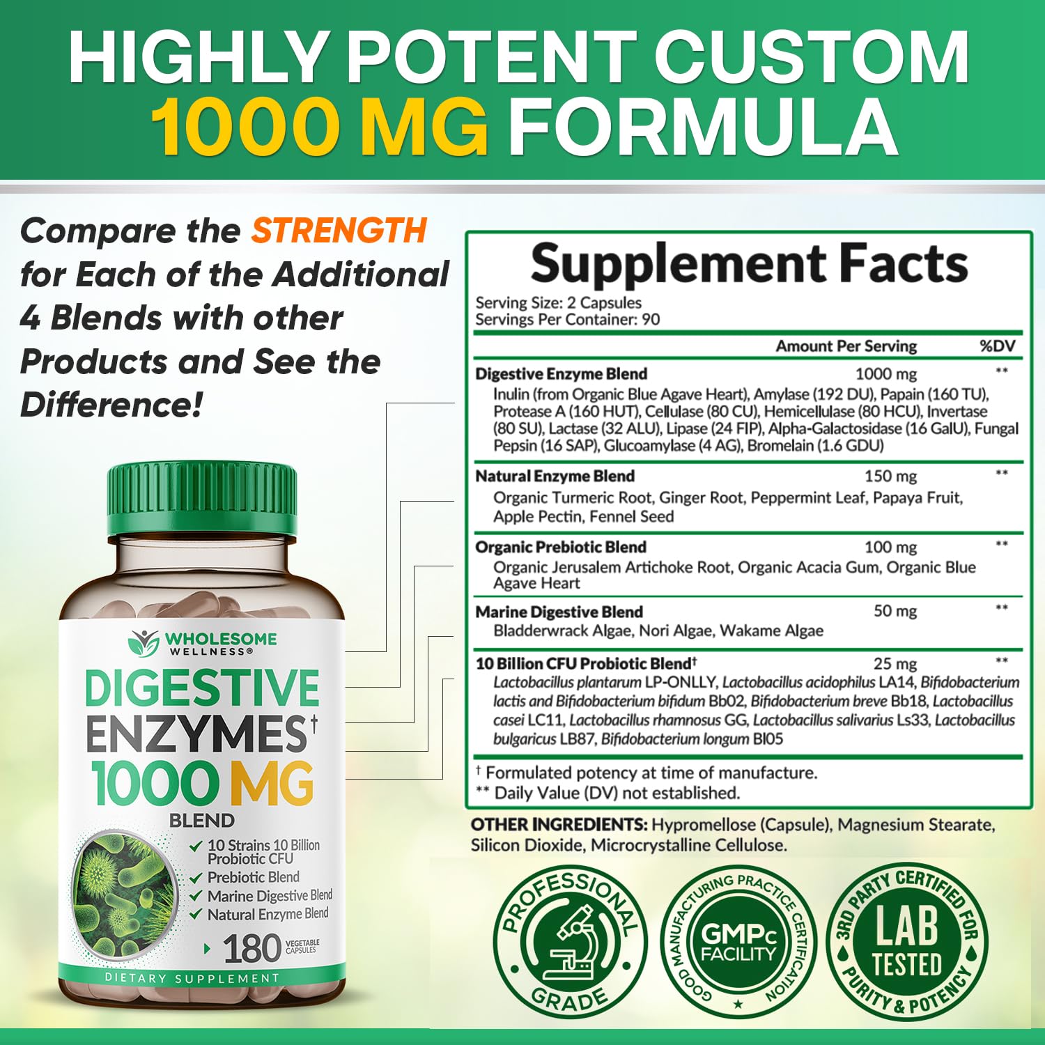 Wholesome Wellness Digestive Enzymes 1000MG Plus Prebiotics & Probiotics Supplement, 180 Capsules, Organic Plant-Based Vegan Formula for Digestion & Lactose with Amylase & Bromelain,3-6 Months Supply