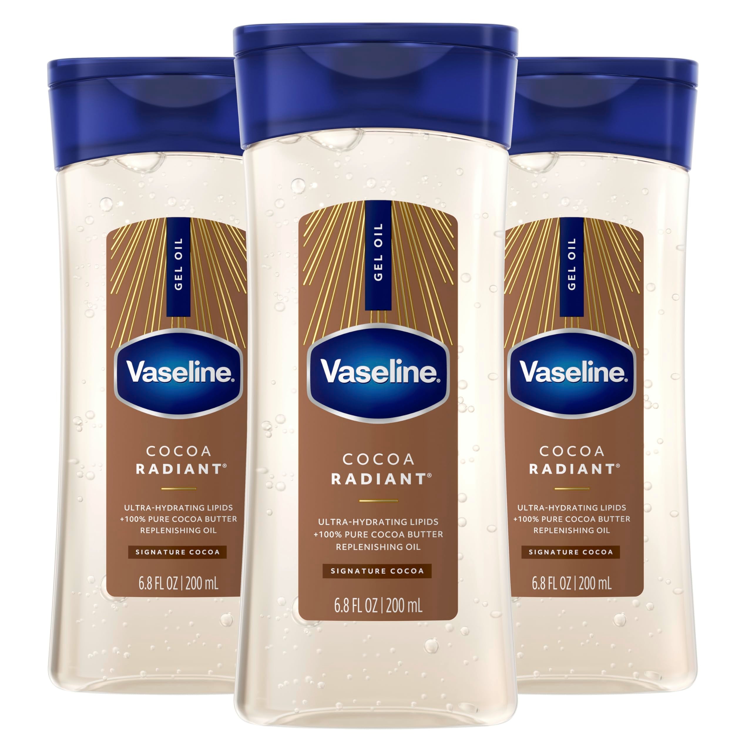 Vaseline Intensive Care Cocoa Radiant for Glowing Skin Body Gel Oil Made with Pure Cocoa Butter + Replenishing Oils 6.8 fl oz | Body moisturizer for dry skin, with 100% Pure Cocoa Butter & Replenishing Oils for a healthy glow, Intensive Care