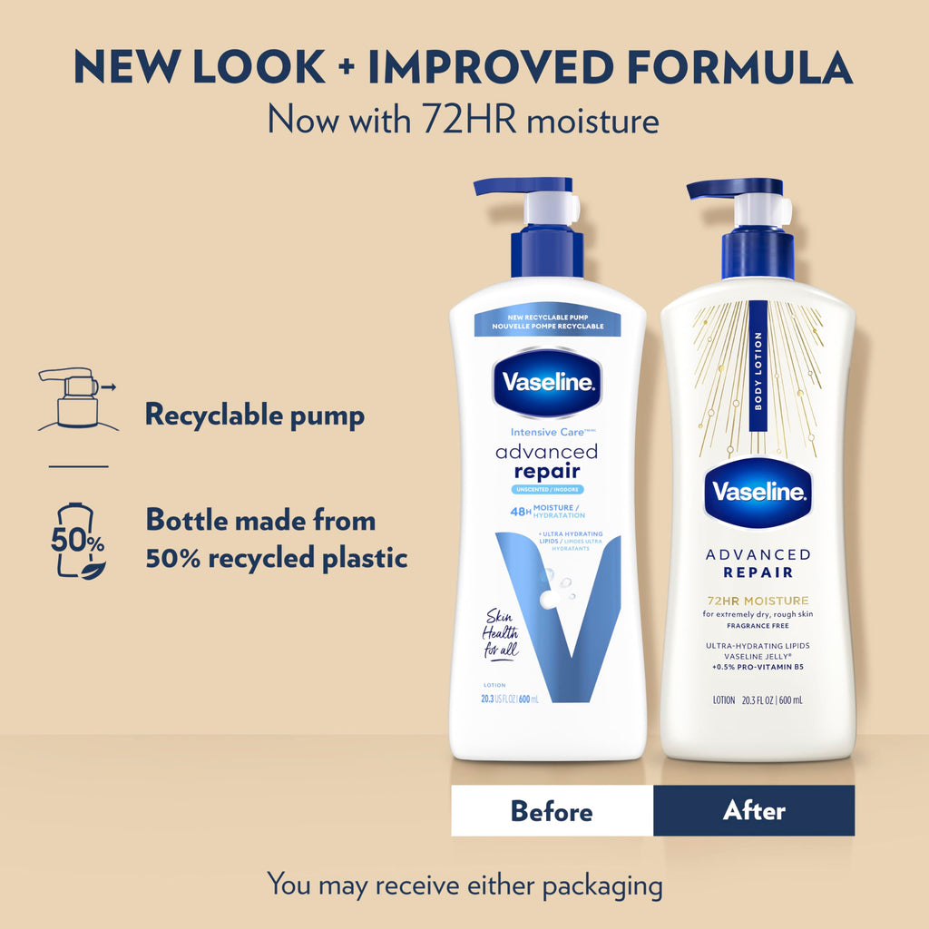 Vaseline Advanced Repair Body Lotion for Dry Skin, Unscented 20.3oz 3ct | Body moisturizer delivers 72HR moisture with Vaseline Jelly & Ultra-Hydrating Lipids to help restore skin's moisture barrier