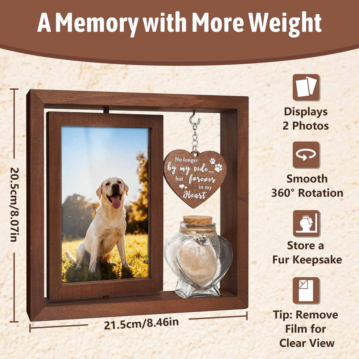 Dog Memorial Gifts for Loss of Pet - Rotating Wooden Frame for 4x6 Photo & Fur Hair Jar - Sympathy Gift for Pet Bereavement, Remembrance Keepsake - Rainbow Bridge Gift for Dog Lovers & Cat Lovers