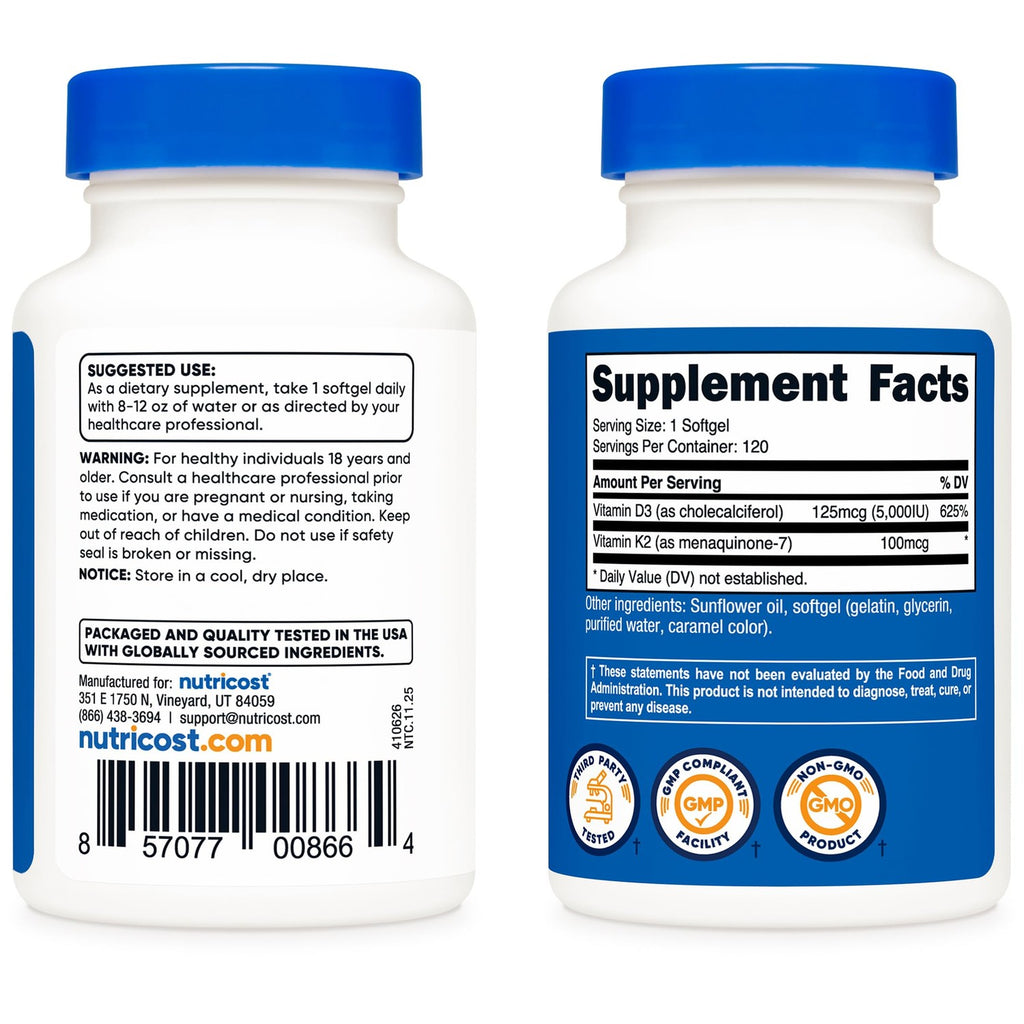 Nutricost Vitamin D3 + K2 (5000 IU D3 / 100mcg MK7) 120 Softgels, GMO-Free | Gluten-Free