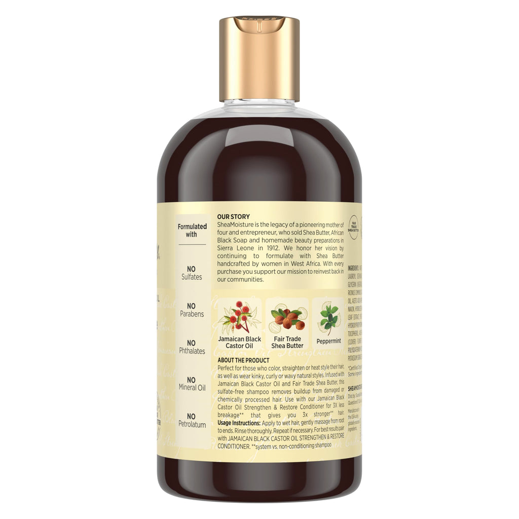 Shea Moisture Strengthen and Restore Shampoo for Damaged Hair 100% Pure Jamaican Black Castor Oil Cleanse and Nourish 13 oz | For damaged hair - remove build up, strengthen, and restore hair with Shea Butter, Peppermint, and Apple Cider Vinegar.