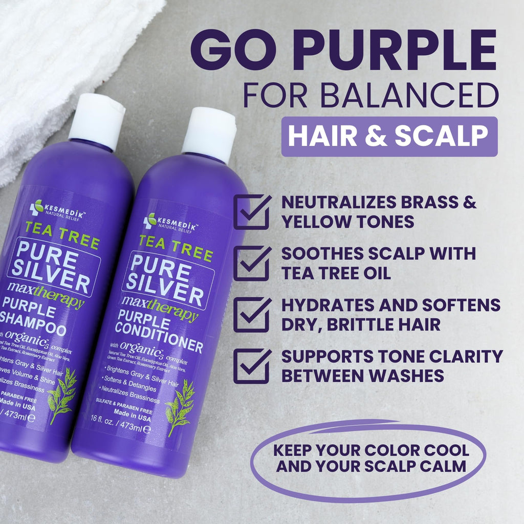 Tea Tree Purple Shampoo and Conditioner Set for Blonde, Silver & Gray Hair, Anti-Brass Toning & Brightening, Refreshes and Hydrates Scalp & Hair, Sulfate-Free Botanical Formula