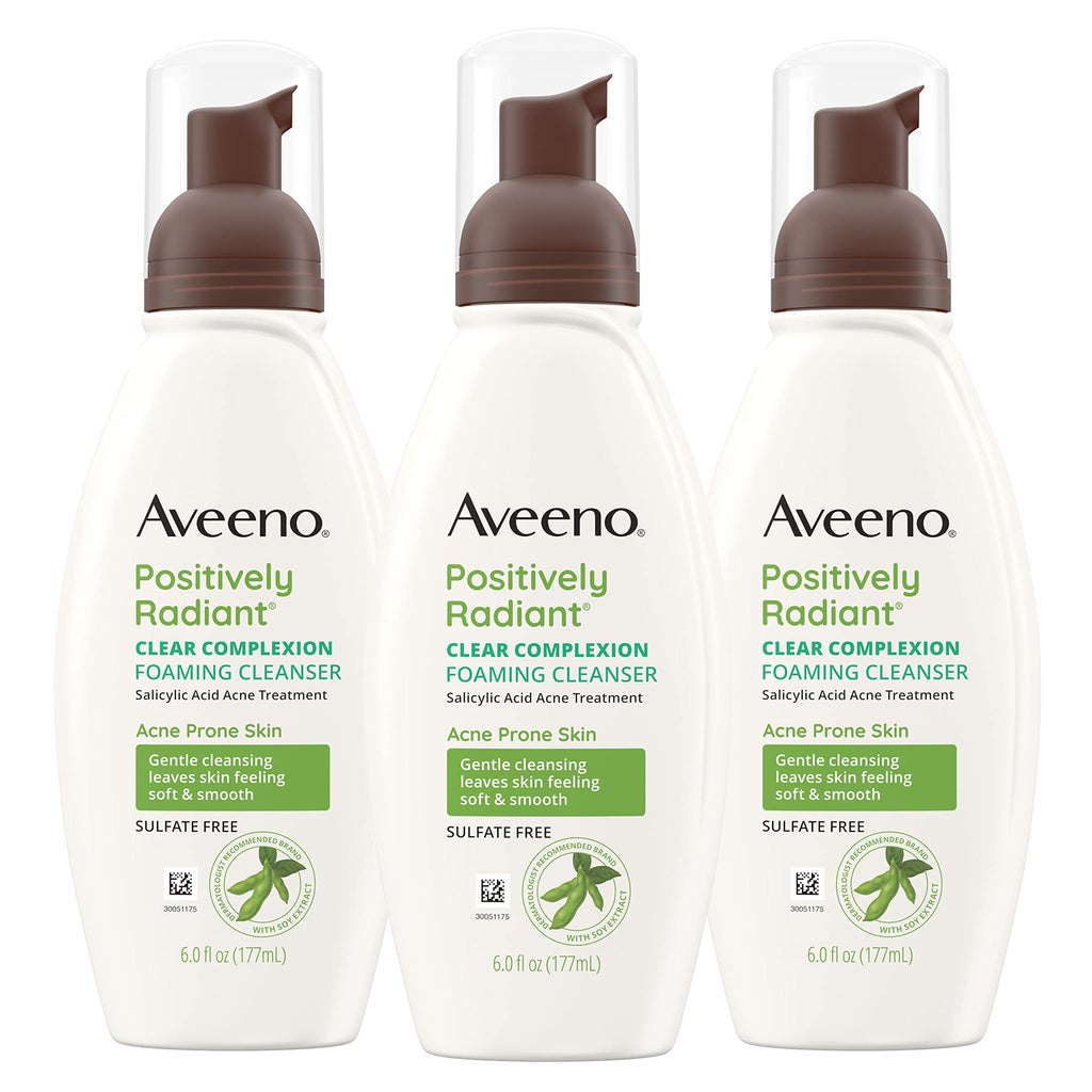 Aveeno Positively Radiant Clear Complexion Foaming Face Cleanser, 6 fl. oz | Facial Cleanser with Soy Extract & 0.5% Salicylic Acid, Acne Treatment Face Wash, Oil-Free, Hypoallergenic, No Added Sulfates