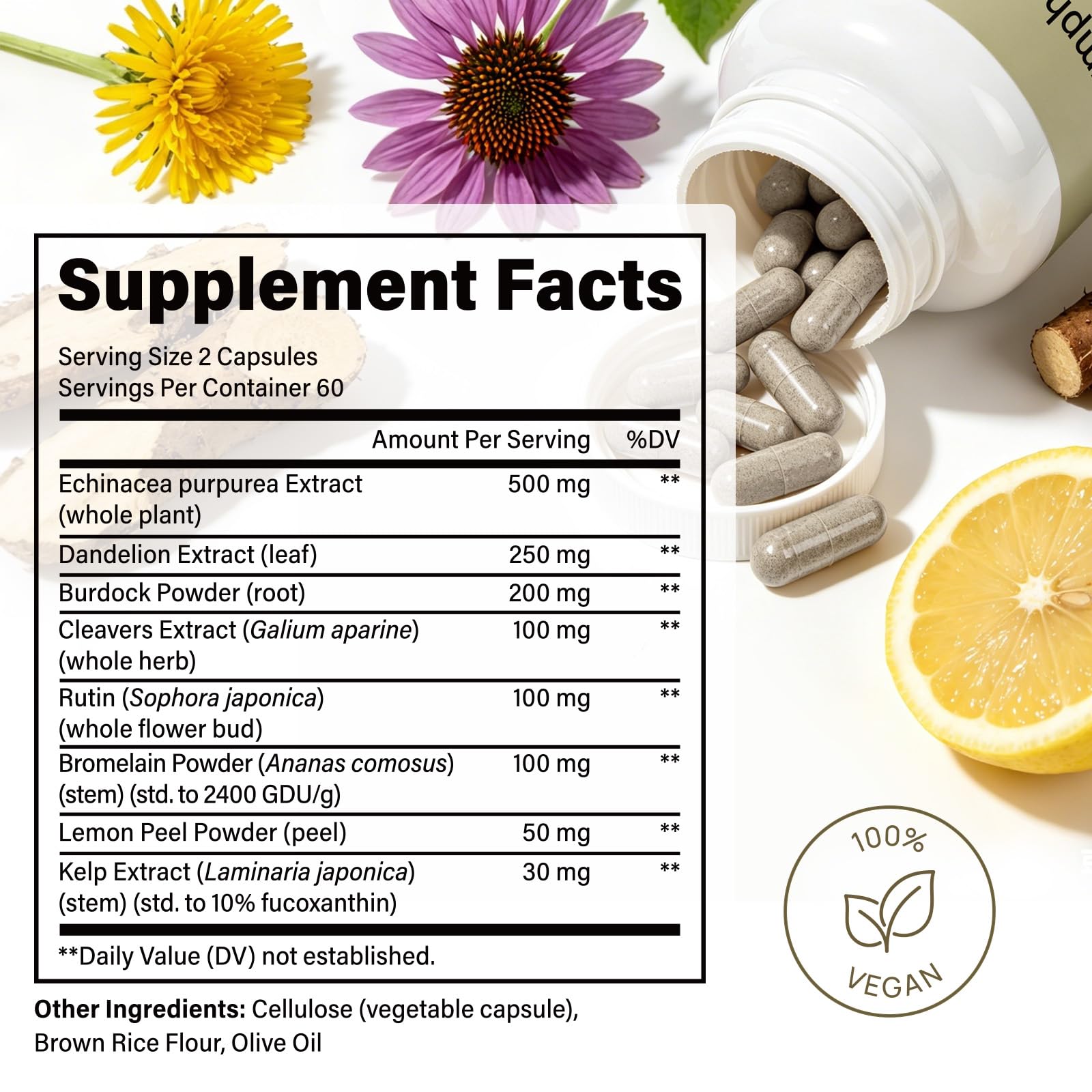 Lymphatic Drainage Supplements, Lymphatic Drainage Capsules for Immune Health & Fluid Balance – Natural Herbal with Echinacea, Dandelion & Burdock Root, Non-GMO, Vegan, Gluten Free - 120 Capsules