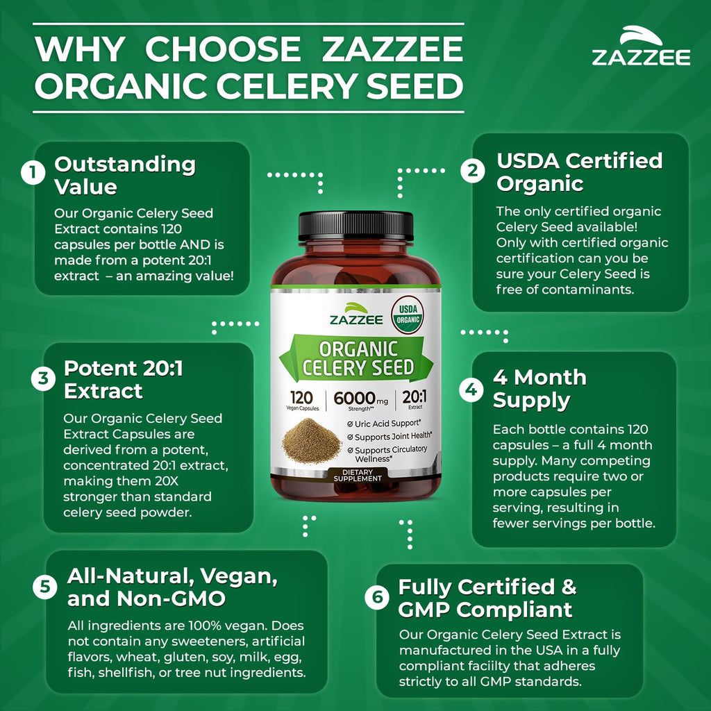 Zazzee USDA Organic Celery Seed 20:1 Extract, 120 Capsules, 4 Month Supply