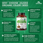 Zazzee USDA Organic Celery Seed 20:1 Extract, 120 Capsules, 4 Month Supply