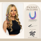 Premium 21 natural color hair extensions, 9”-14”, with included hair threader and micro beads for easy application.