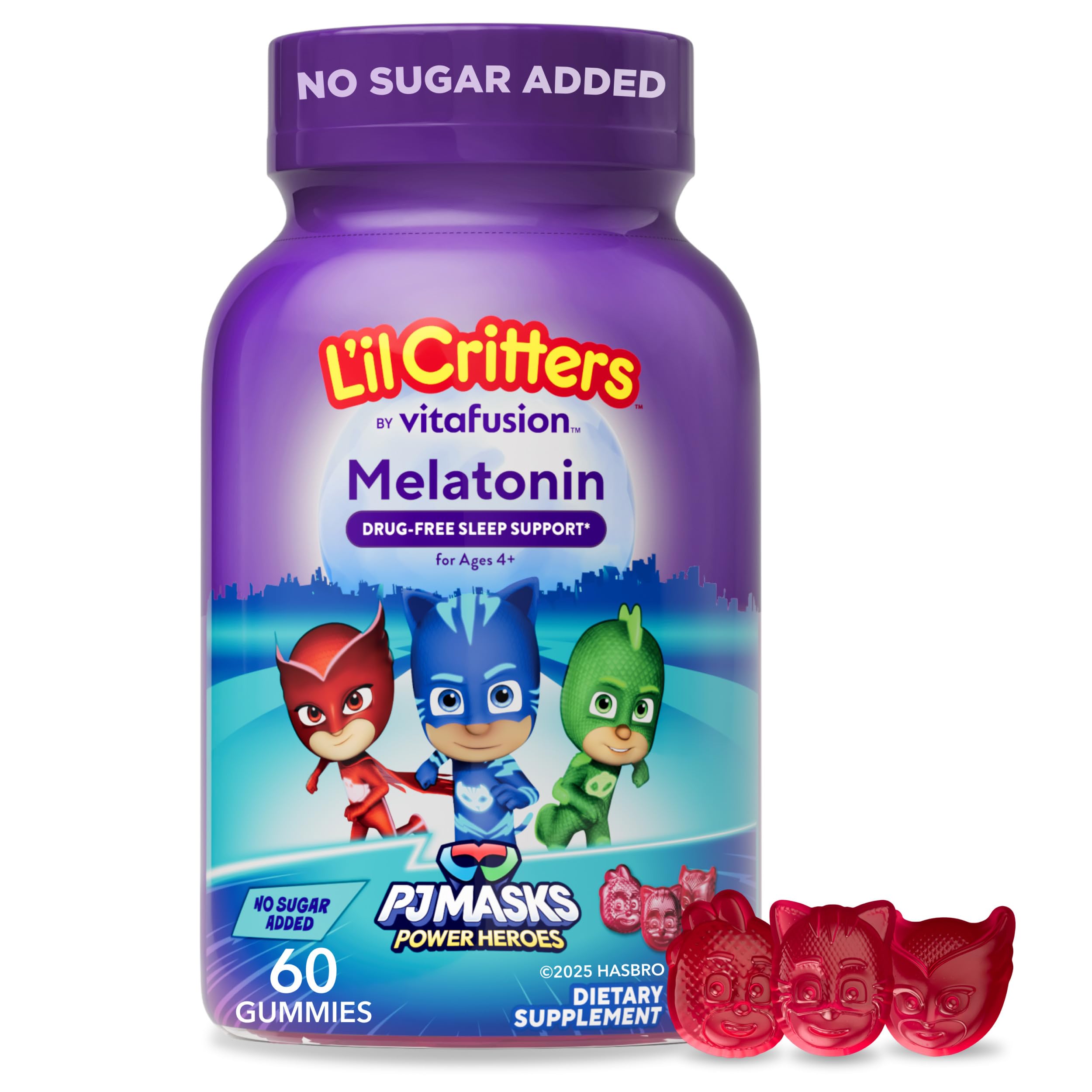 Lil Critters PJ Masks Power Heroes Kids Melatonin Gummy | 1mg | 60 Gummies | Drug-Free and No Sugar Added | For Ages 4+ | Berry Flavor | Gluten and Dairy-Free Children's Supplement