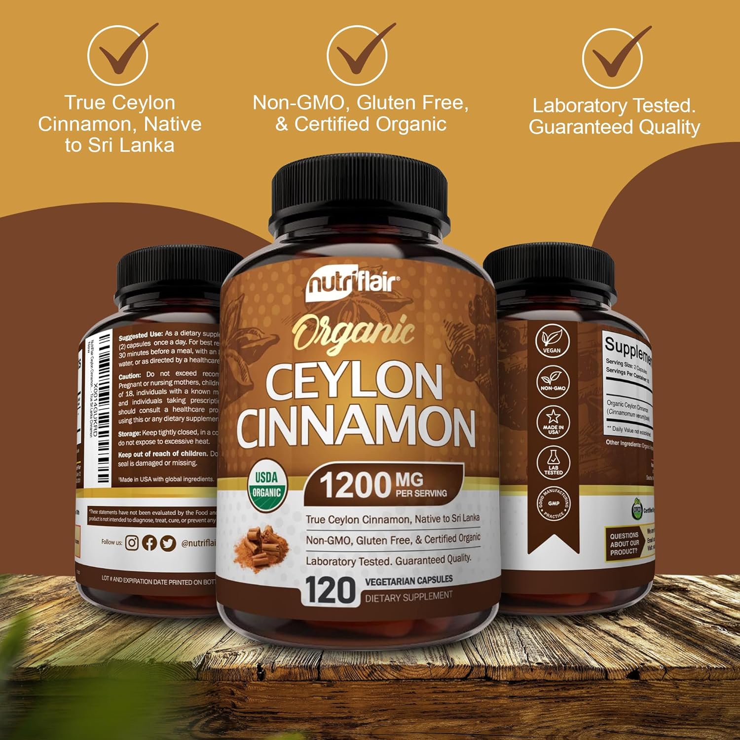 Buy now NutriFlair Organic Ceylon Cinnamon Supplement 1200mg, 120 Capsules - USDA Certified - Non-GMO, Gluten Free Powder, Antioxidant Pills at indiglob india