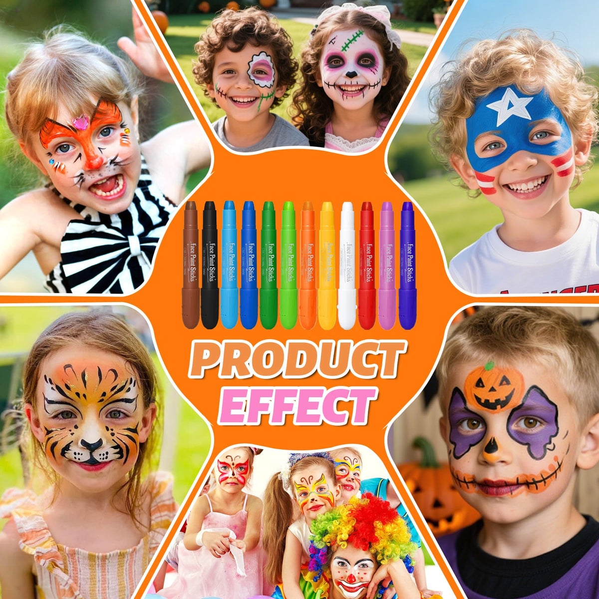 Drawdart Face Painting Kit for Kids, 12Pcs XL Face and Body Paint Crayons| 12 Vibrant Colors Safe and Washable Face Paint Sticks for Adults Kids Party, Halloween Makeup, School Event, Cosplay