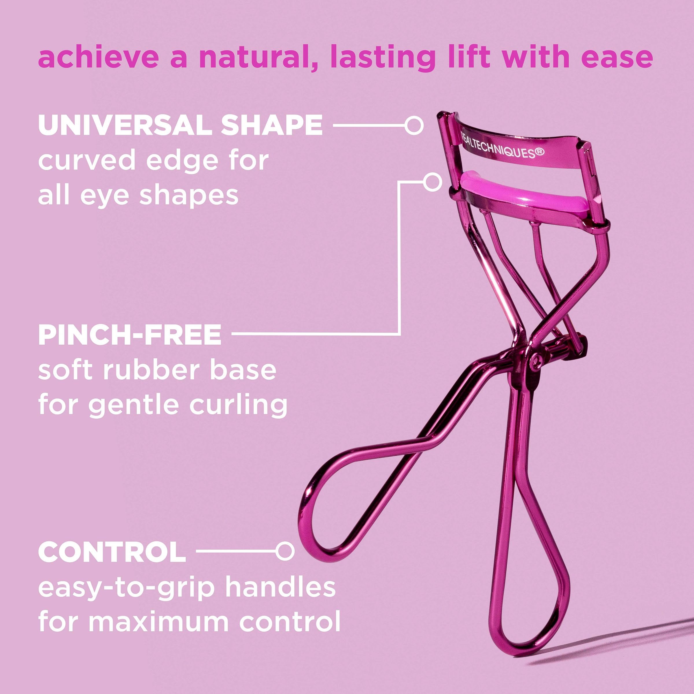 Real Techniques Miracle Eyelash Curler, Lash Tool for Mascara, Pink | Lifted lashes, eyelash curler for all eye shapes, pink eyelash curler, pinch-free curved edge