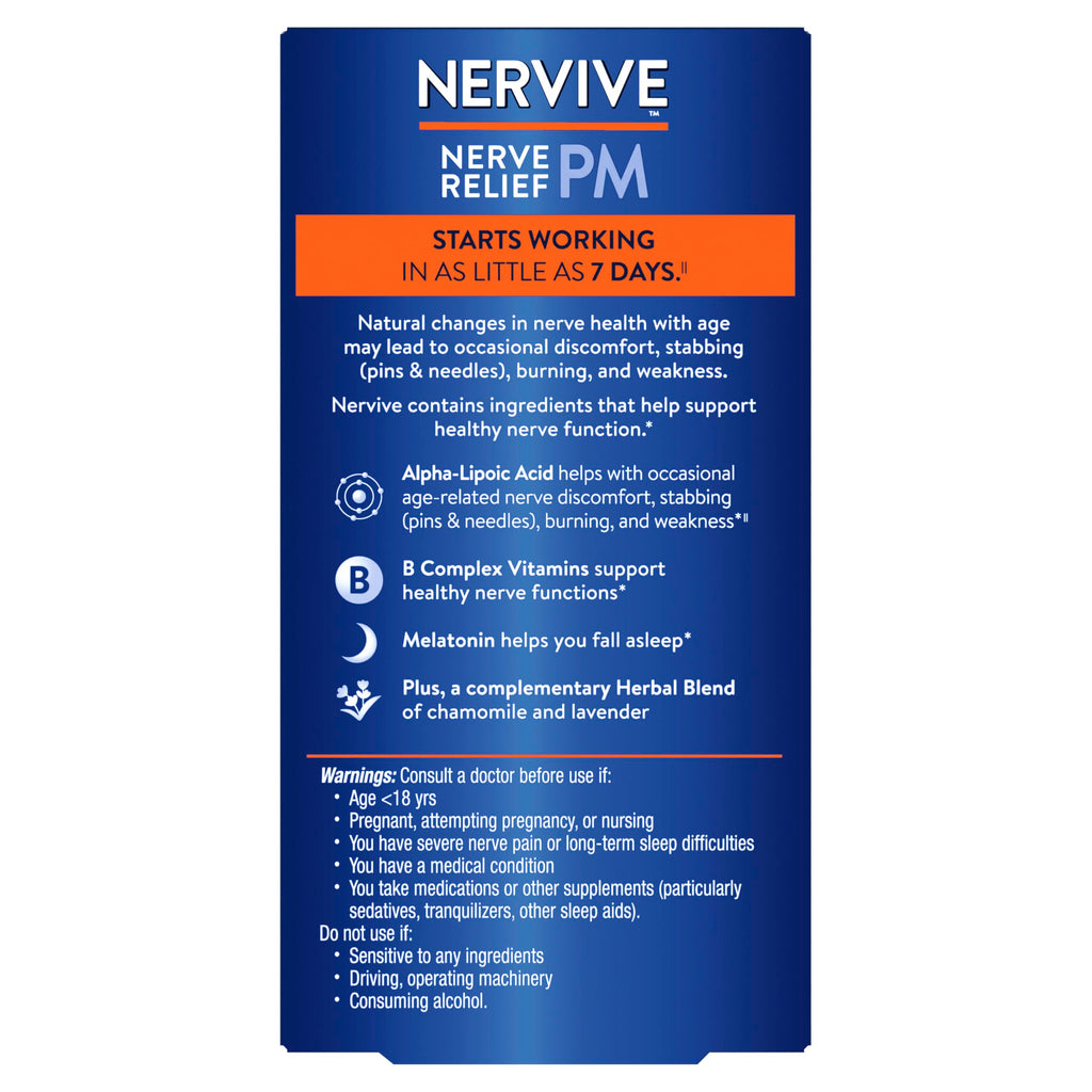 Nervive Nerve Relief PM, Occasional Nerve Discomfort II, Sleep Aid, Starts Working in 7 Days, Stabbing, Burning, Alpha Lipoic Acid, Melatonin, B Vitamins, Turmeric, Ginger, Nervive Supplement, 30 ct