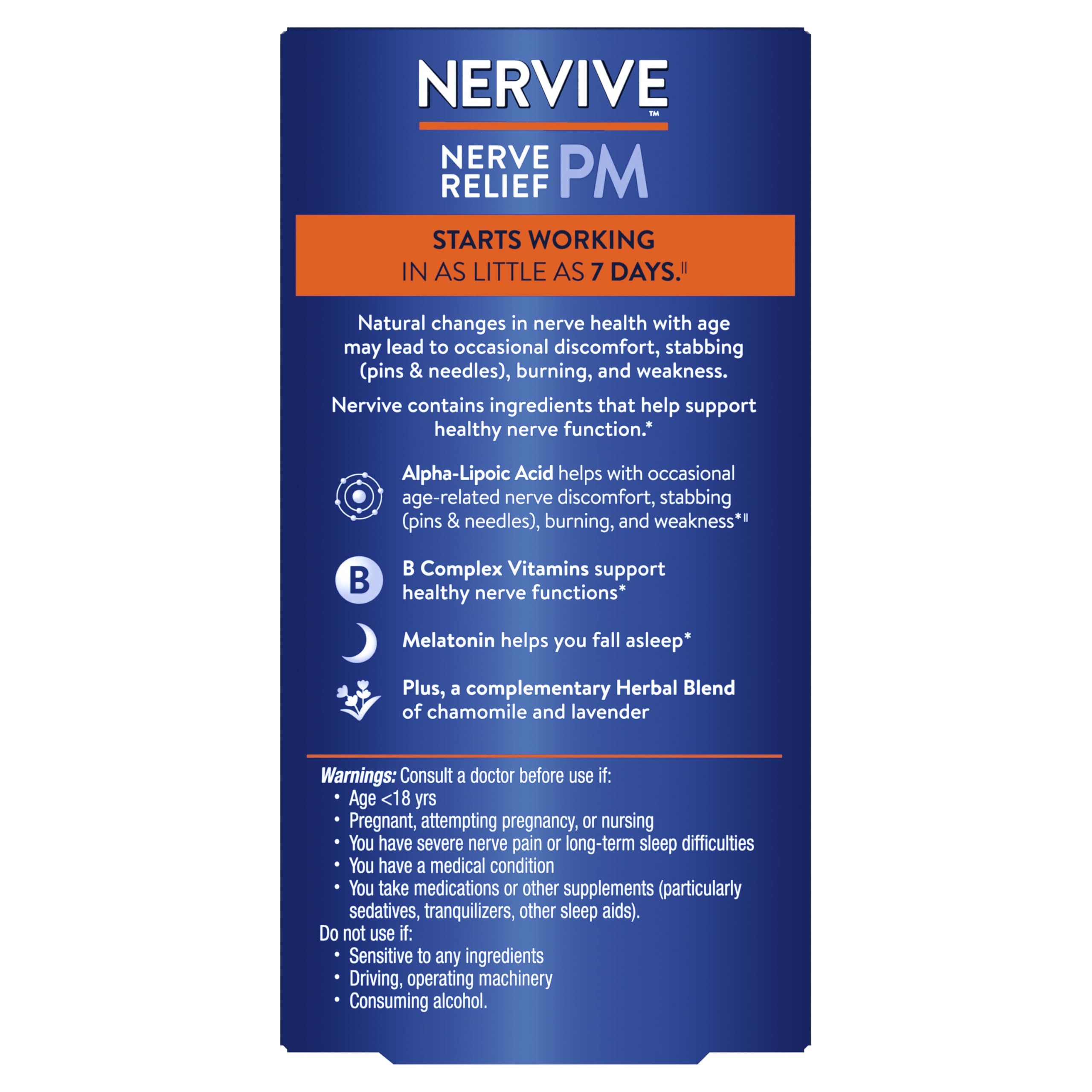 Nervive Nerve Relief PM, Occasional Nerve Discomfort II, Sleep Aid, Starts Working in 7 Days, Stabbing, Burning, Alpha Lipoic Acid, Melatonin, B Vitamins, Turmeric, Ginger, Nervive Supplement, 30 ct