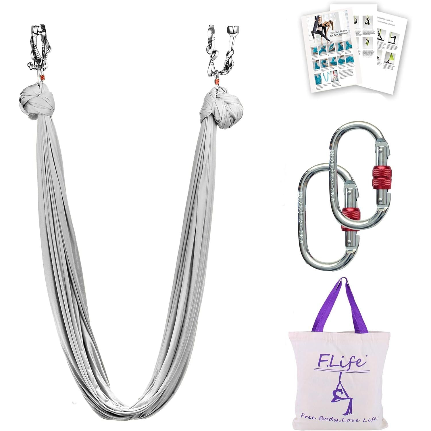 Buy now F.Life Aerial Silk Yoga Hammock & Swing for yoga Inversion,Strength training,starter hardware kit sliver at indiglob india