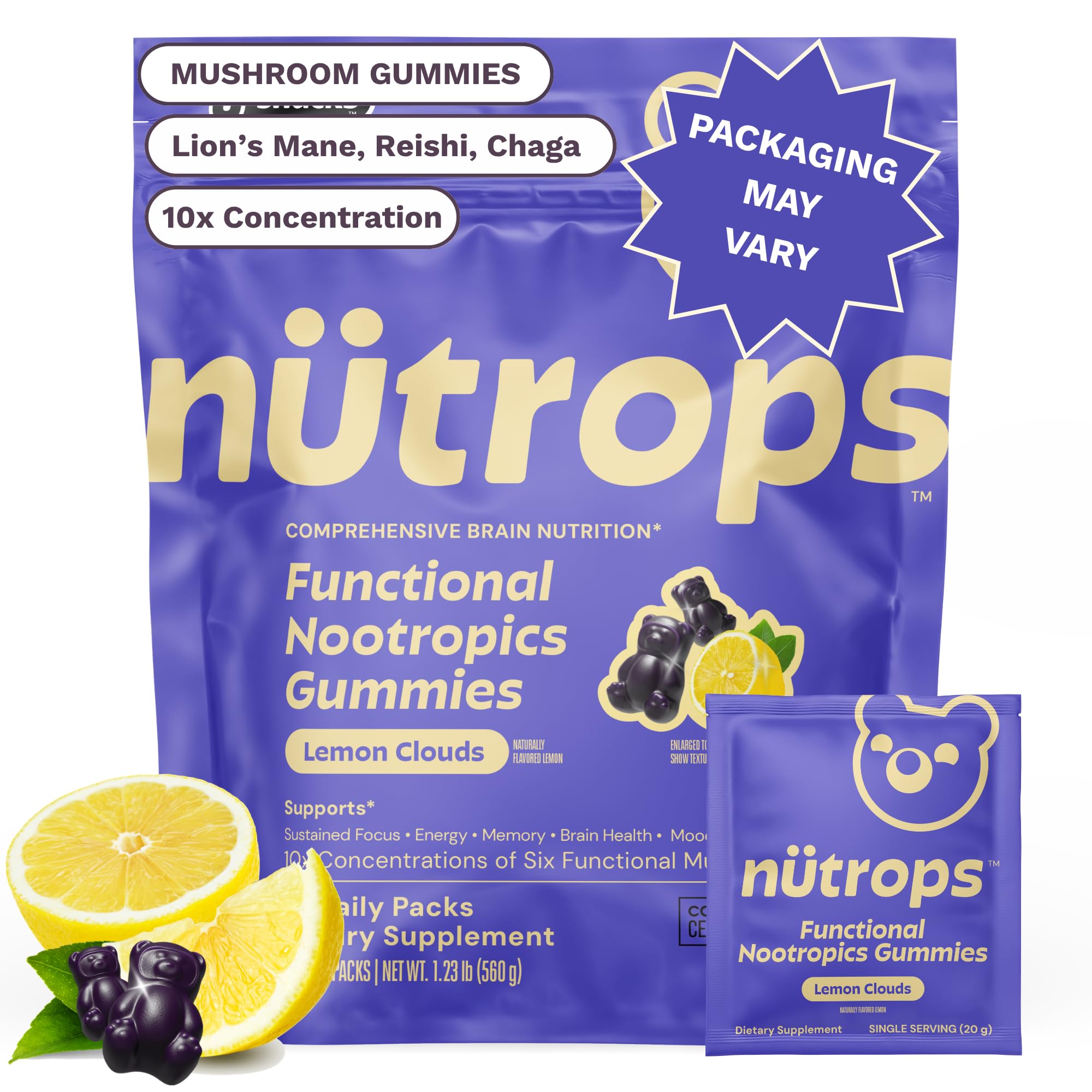 Nutrops Nootropics Mushroom Gummies for Brain Health, Sugar Free 28 ct | 1000mg of Mushrooms Including Lion's Mane, Chaga, Reishi, Cordyceps