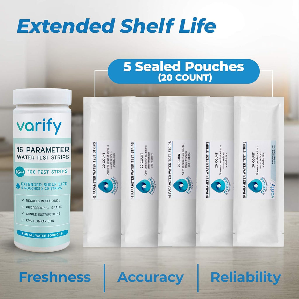 Buy now Varify 17in1 Complete Drinking Water Test Kit - 100 Strips + 2 Bacteria Tester Kits - Well, Tap, Home, City Water Testing Strip for Lead, Alkaline, Chlorine, Hardness, Iron, Fluoride, Copper & More at indiglob india