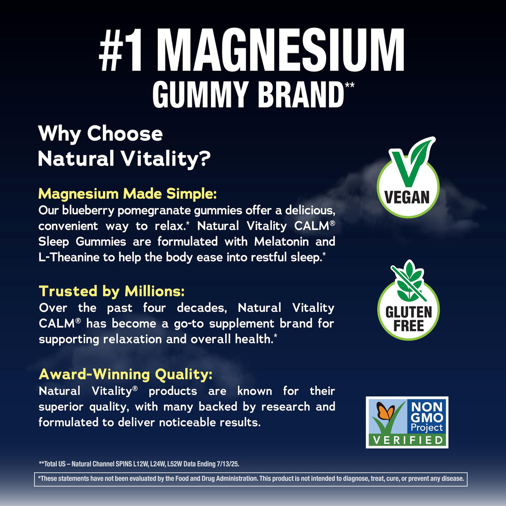Natural Vitality Sleep Gummies | Magnesium, Melatonin & L-Theanine Formula | Blueberry Pomegranate Flavored Supplement | Vegan, Gluten Free & Non-GMO | 120 Count