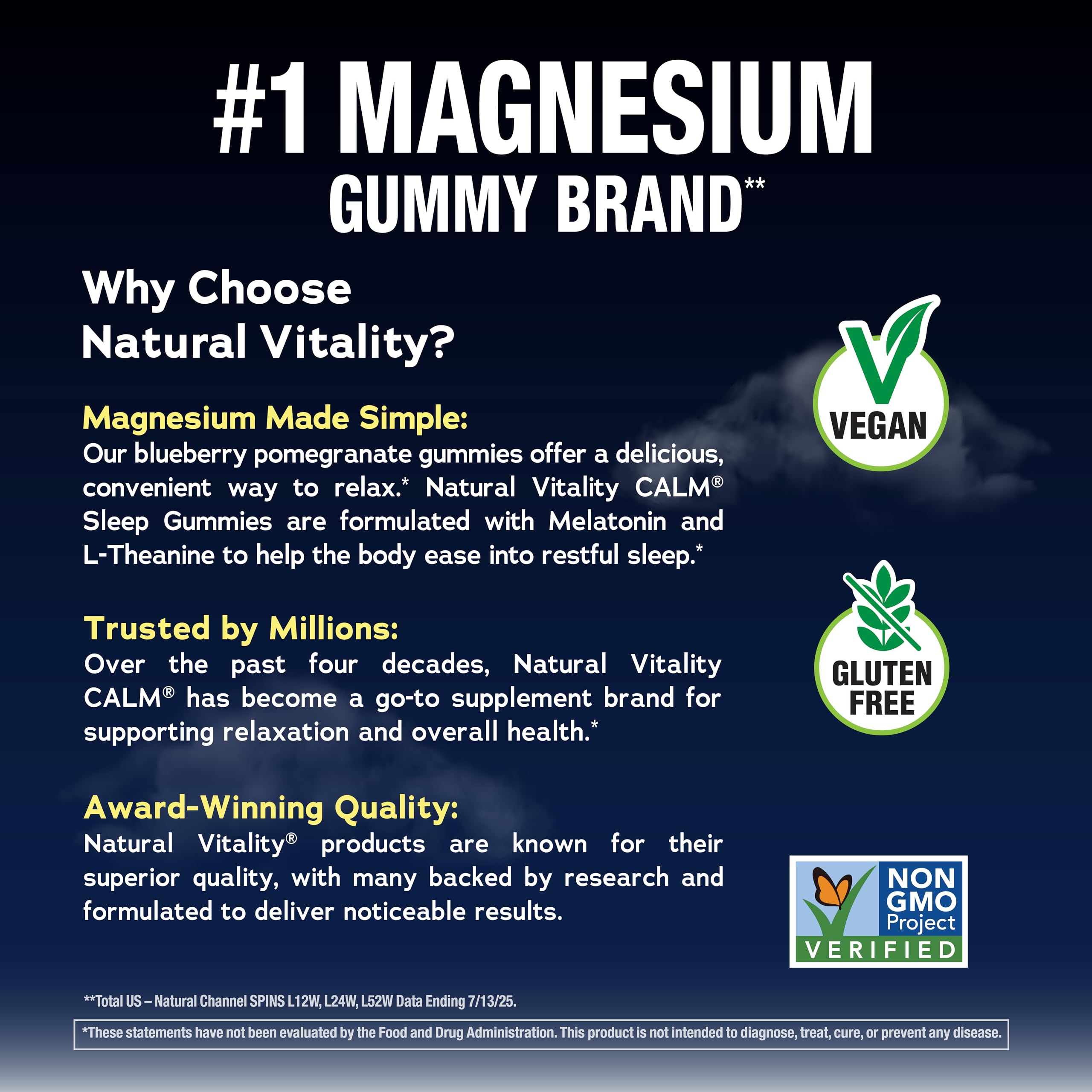 Natural Vitality Sleep Gummies | Magnesium, Melatonin & L-Theanine Formula | Blueberry Pomegranate Flavored Supplement | Vegan, Gluten Free & Non-GMO | 120 Count