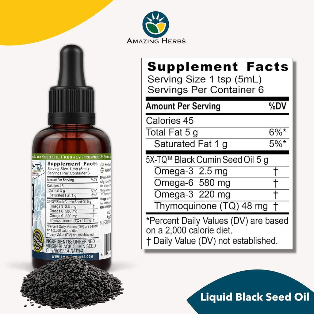 Buy now Amazing Herbs Premium Black Seed Oil - Cold Pressed Nigella Sativa Aids in Digestive Health, Immune Support, Brain Function, Joint Mobility, Gluten Free, Non GMO - 1 Fl Oz at indiglob india