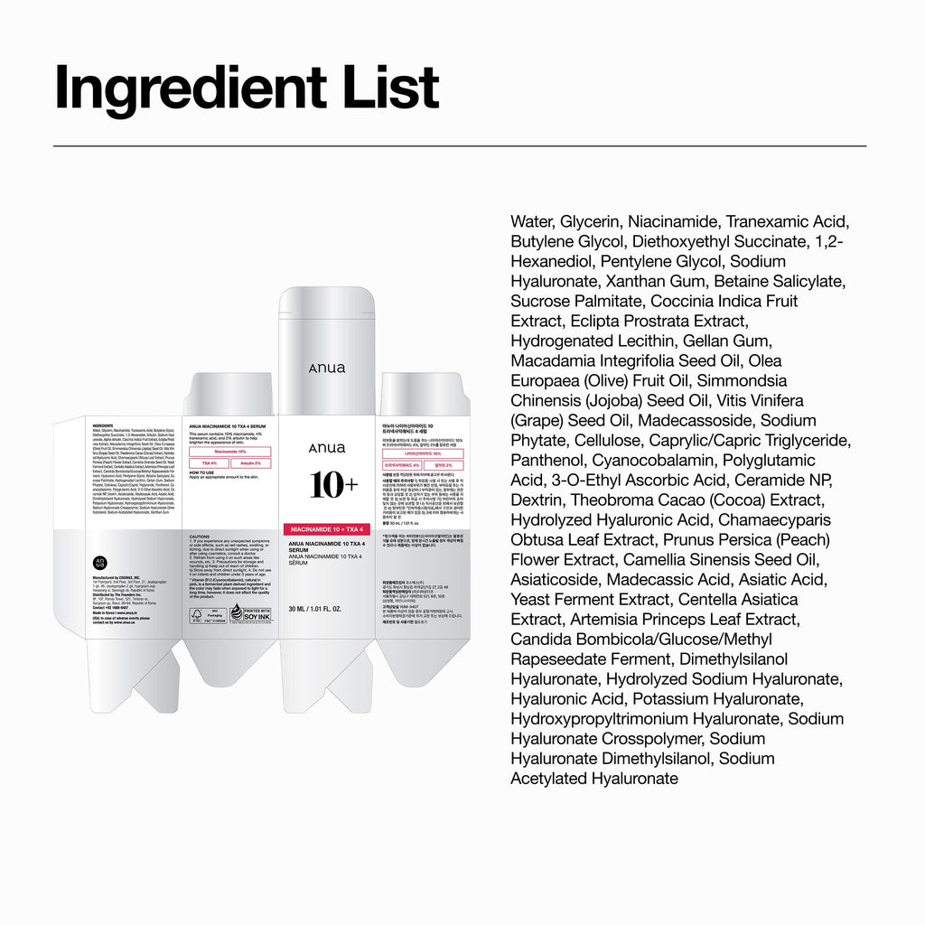 Anua Niacinamide 10 + TXA 4 Serum, Korean Skincare, 1.01 fl.oz | Dark Spot Care, Hyaluronic Acid, Tranexamic Acid, Lightweight & Hydrating All-in-One Daily Facial Serum for Glass Skin