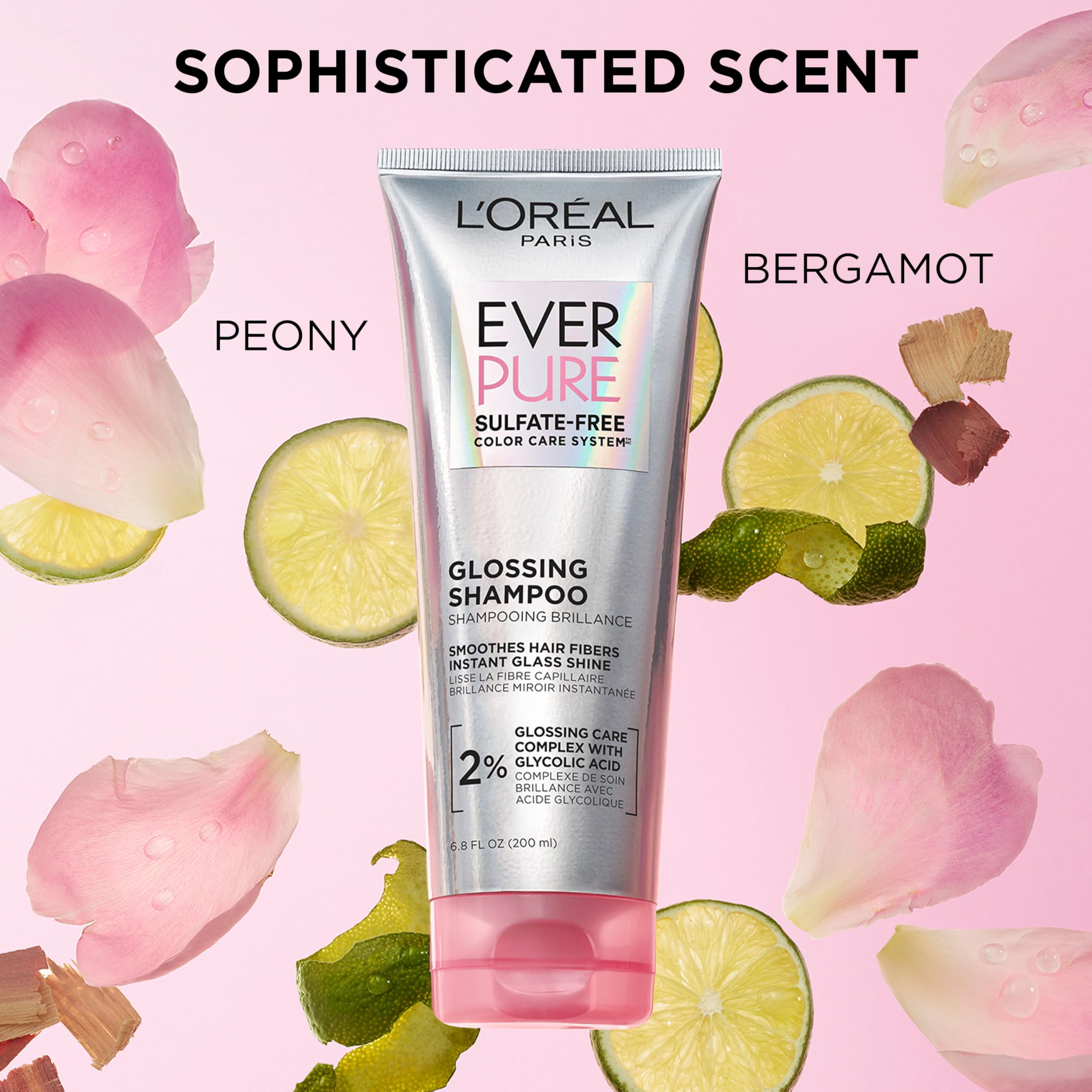 L’Oreal Paris Sulfate Free Glossing Conditioner with Glycolic Acid, Provides Intense Glass Hair Shine, Smoothness & Soft Feel, Suitable for Dull, Dry, and Color-Treated Hair, EverPure, 6.8 Fl Oz