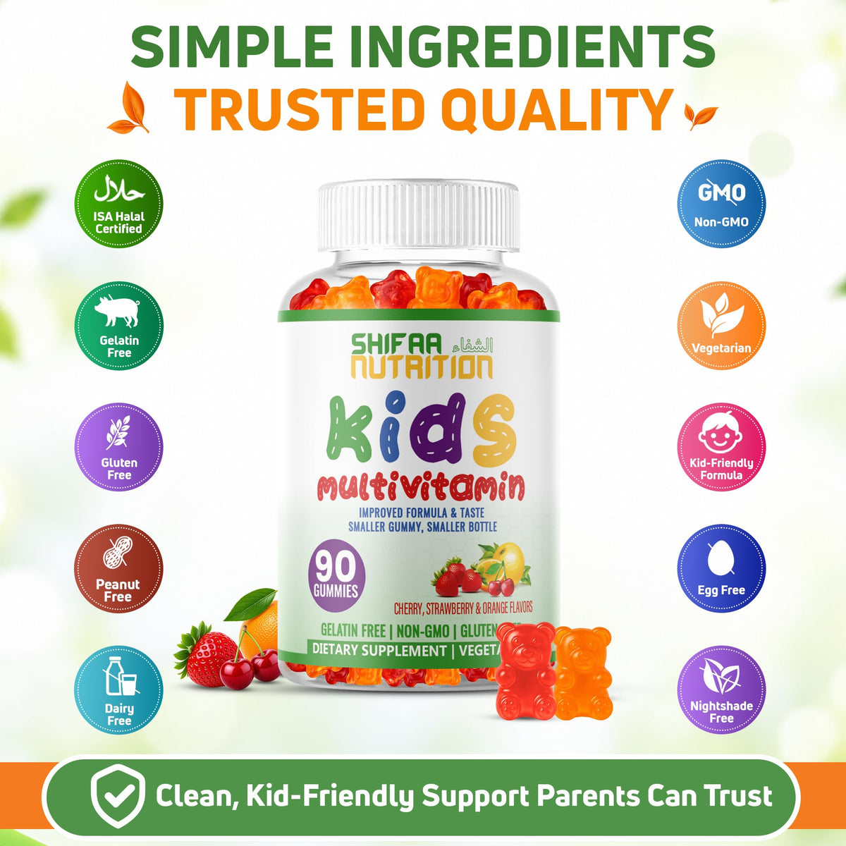 SHIFAA NUTRITION Halal Kids Multivitamin Gummies, 45-90 Days Supply, with All Essential Kids Vitamins. Toddler Vitamins with Vitamin C, D, Zinc, A, E, B6, B12, Biotin | Halal Gummies for Kids