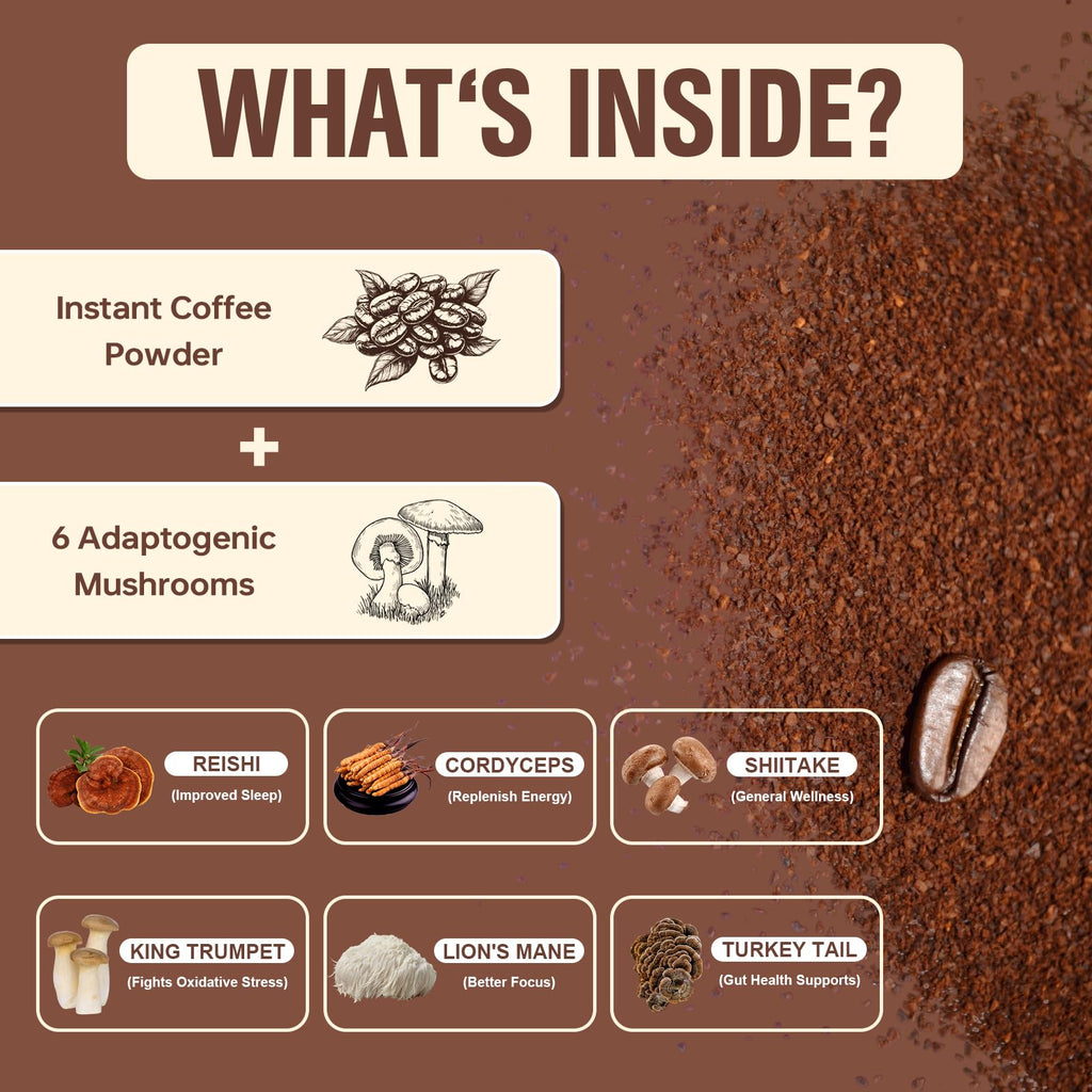 Mushroom Coffee, Instant Mushroom Coffee Powder with 6 Adaptogenic Mushrooms (Cordyceps, Lion’s Mane, Shiitake, Turkey Tail) and MCT Oil for Better Energy, Focus, Immune Support - 30 Servings