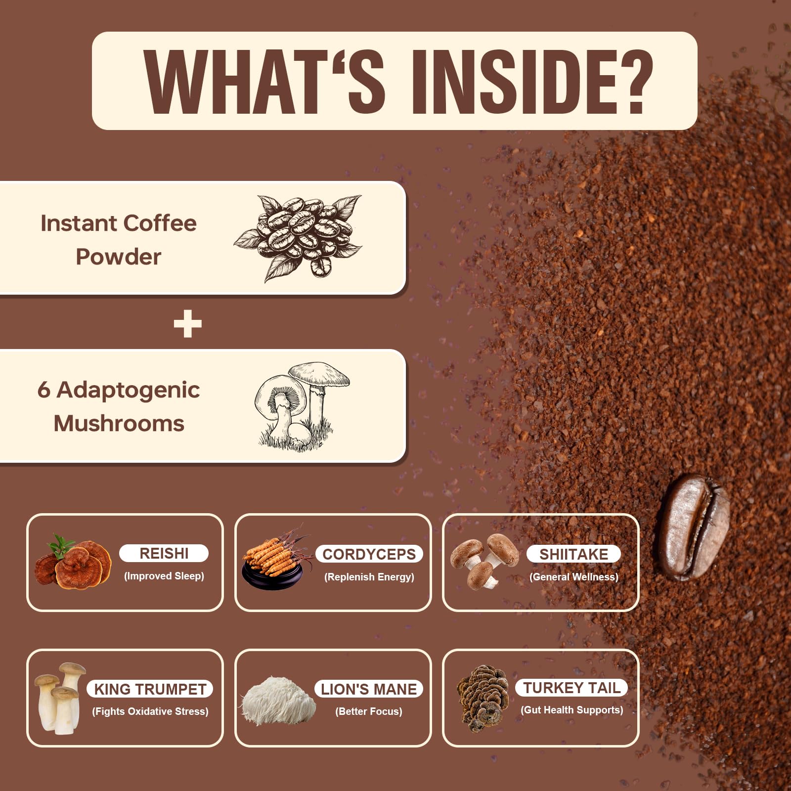 Mushroom Coffee, Instant Mushroom Coffee Powder with 6 Adaptogenic Mushrooms (Cordyceps, Lion’s Mane, Shiitake, Turkey Tail) and MCT Oil for Better Energy, Focus, Immune Support - 30 Servings