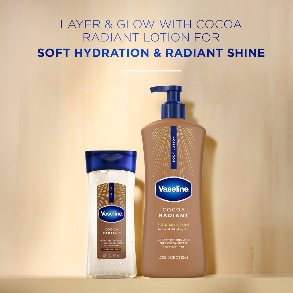 Vaseline Intensive Care Cocoa Radiant for Glowing Skin Body Gel Oil Made with Pure Cocoa Butter + Replenishing Oils 6.8 fl oz | Body moisturizer for dry skin, with 100% Pure Cocoa Butter & Replenishing Oils for a healthy glow, Intensive Care